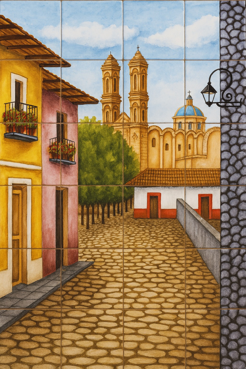Mexican tile mural with Spanish colonial village