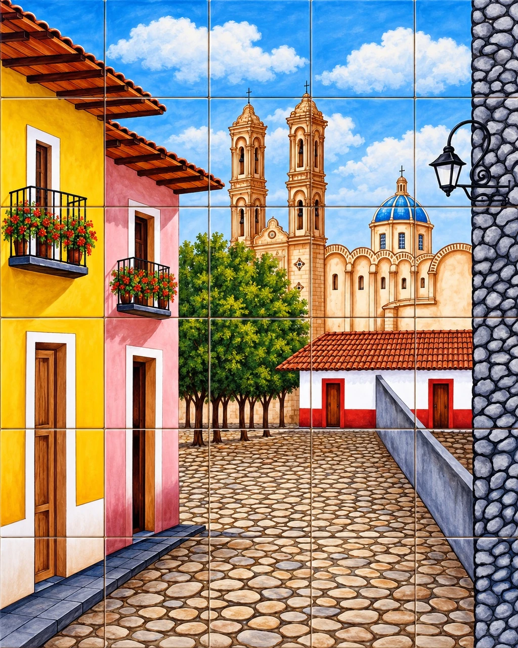 Spanish colonial village with Mexican tile mural