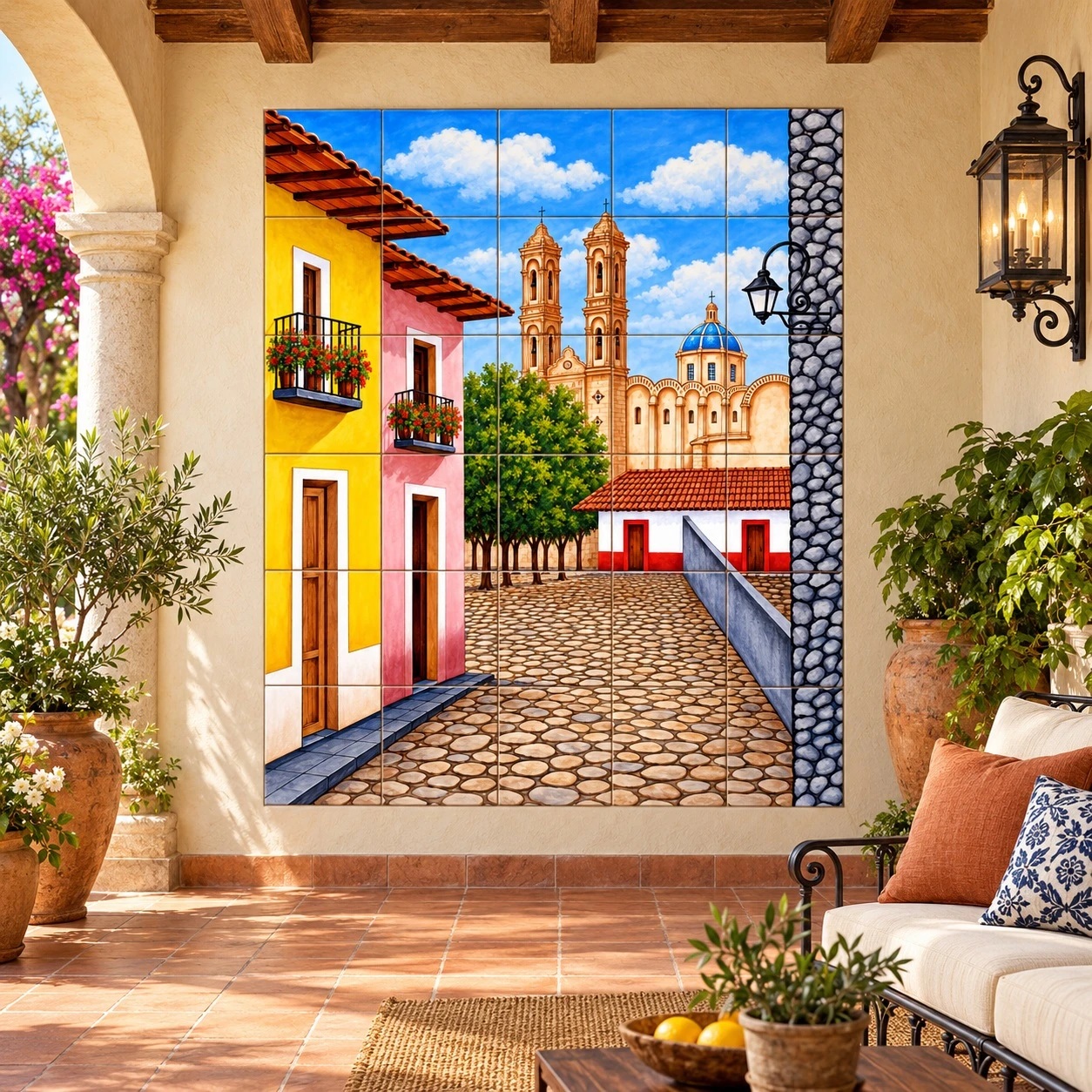 Spanish colonial village with Mexican tile mural on a covered veranda with timber beams and greenery.