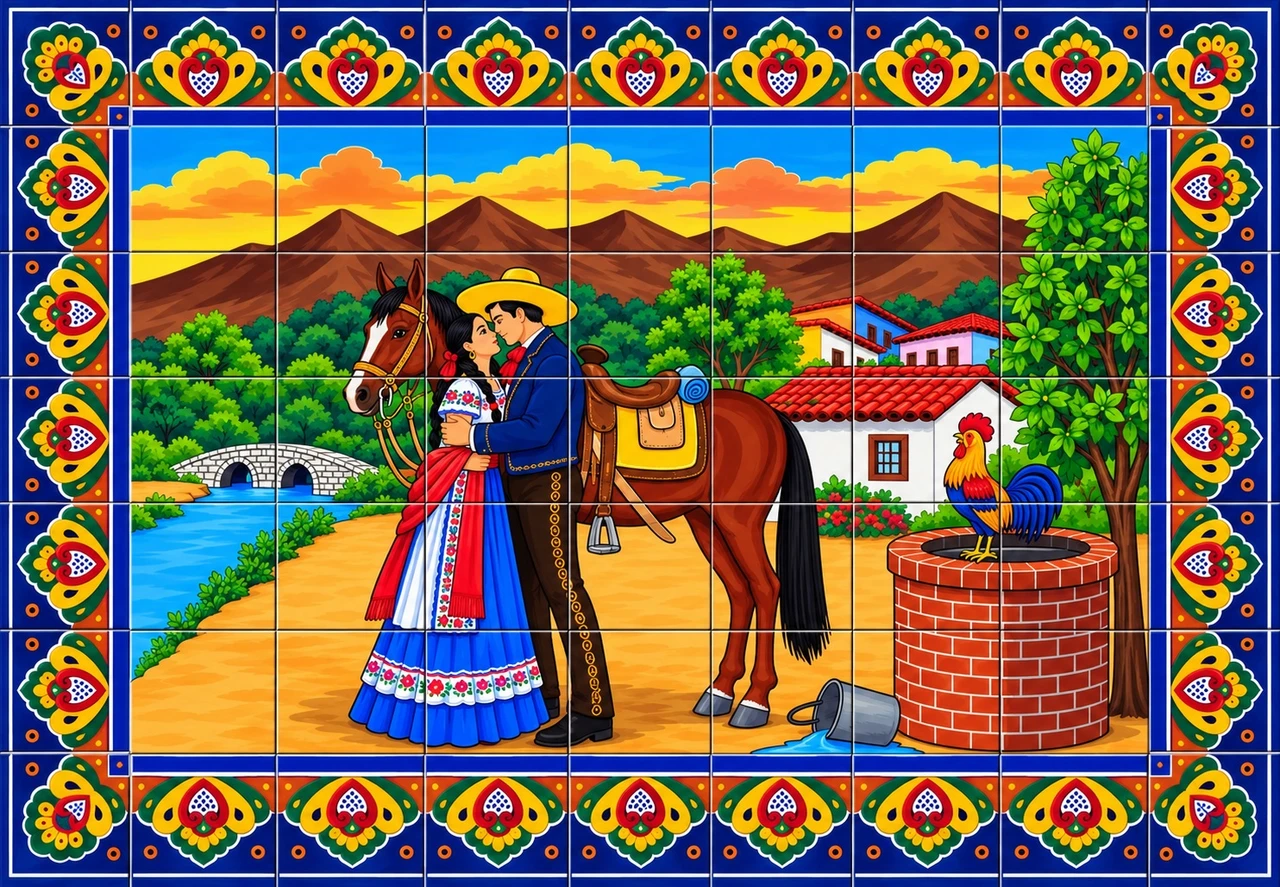 Mexican tile mural romantic couple