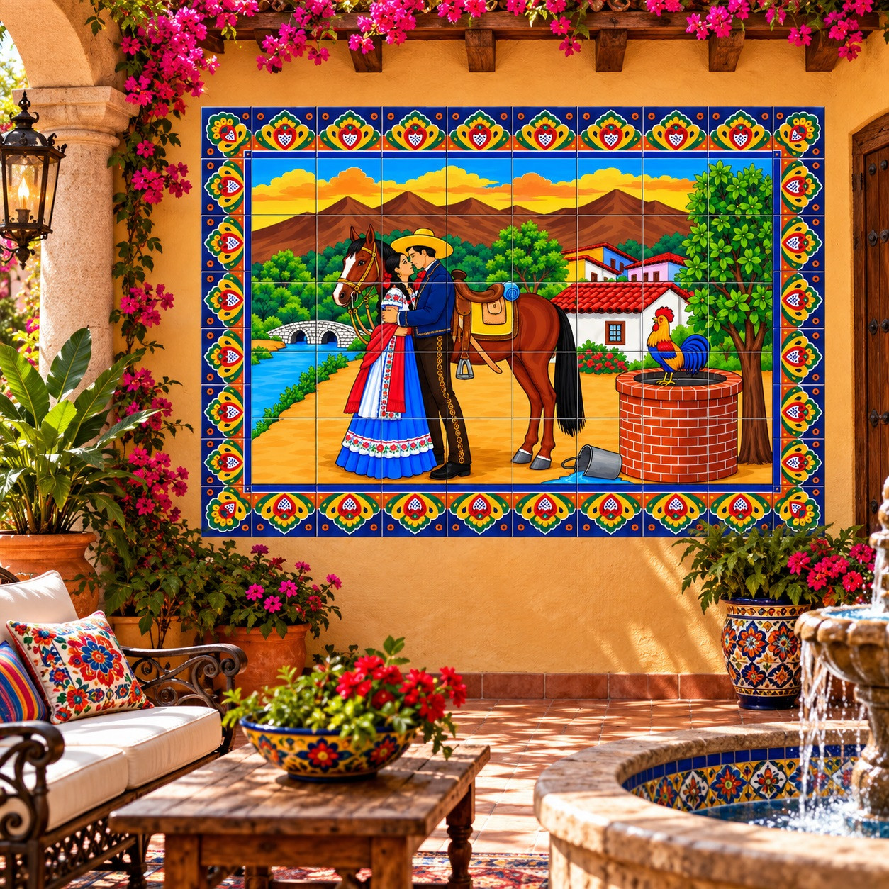 Mexican tile mural romantic couple displayed on a colorful hacienda patio with rustic decor