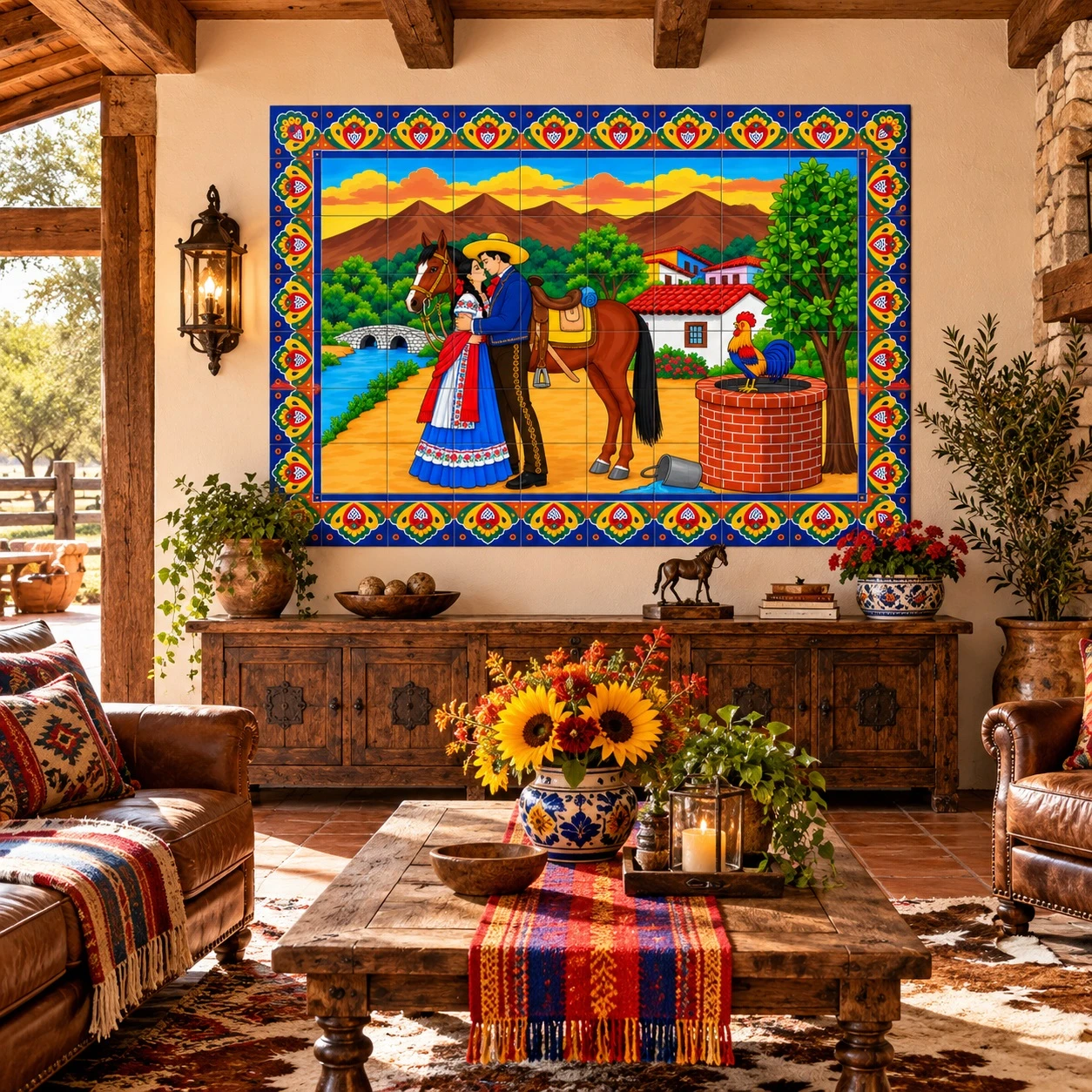 Mexican tile mural romantic couple displayed in a ranch house with rustic countryside decor