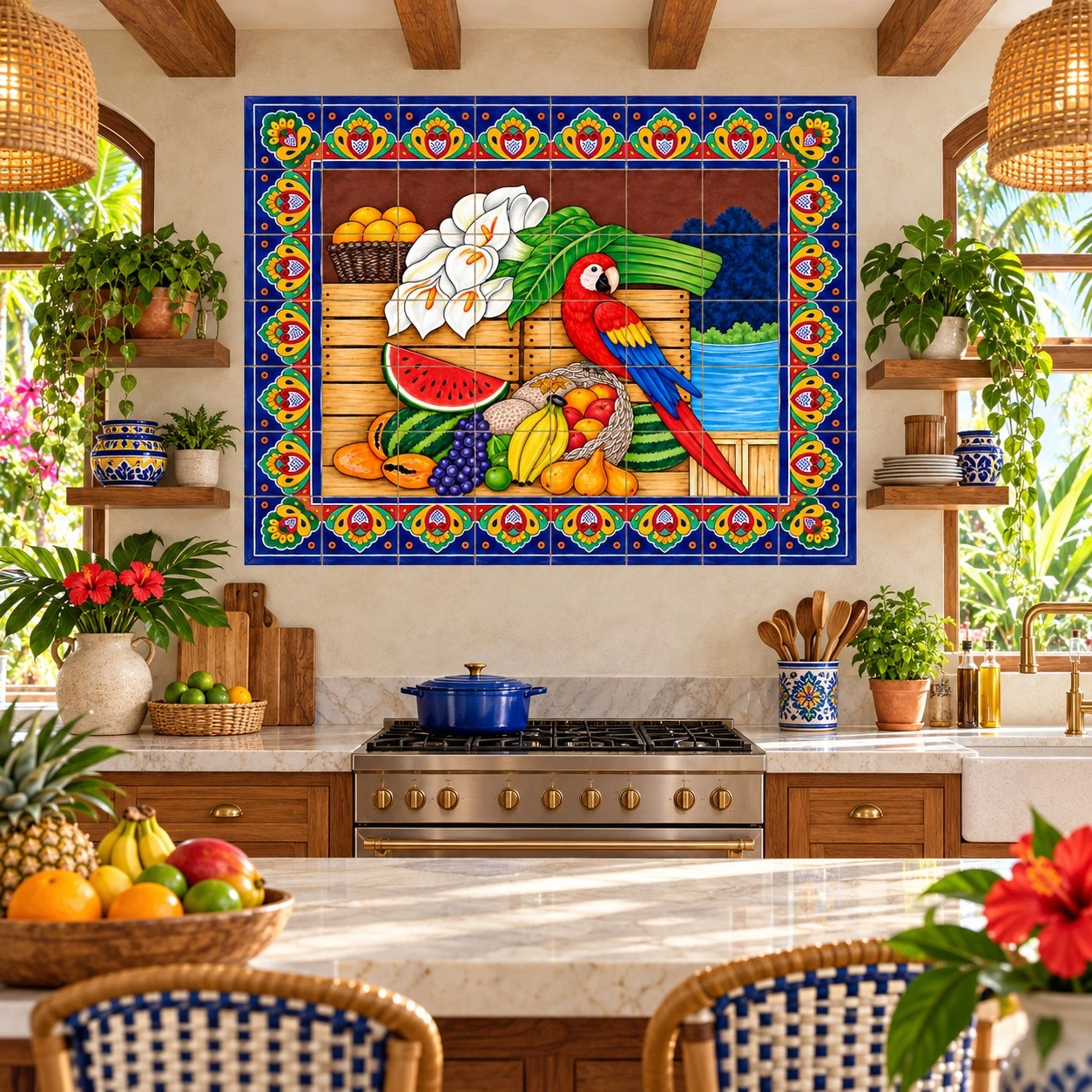 Mexican tile mural parrot fruits in a tropical kitchen with colorful handcrafted decor.
