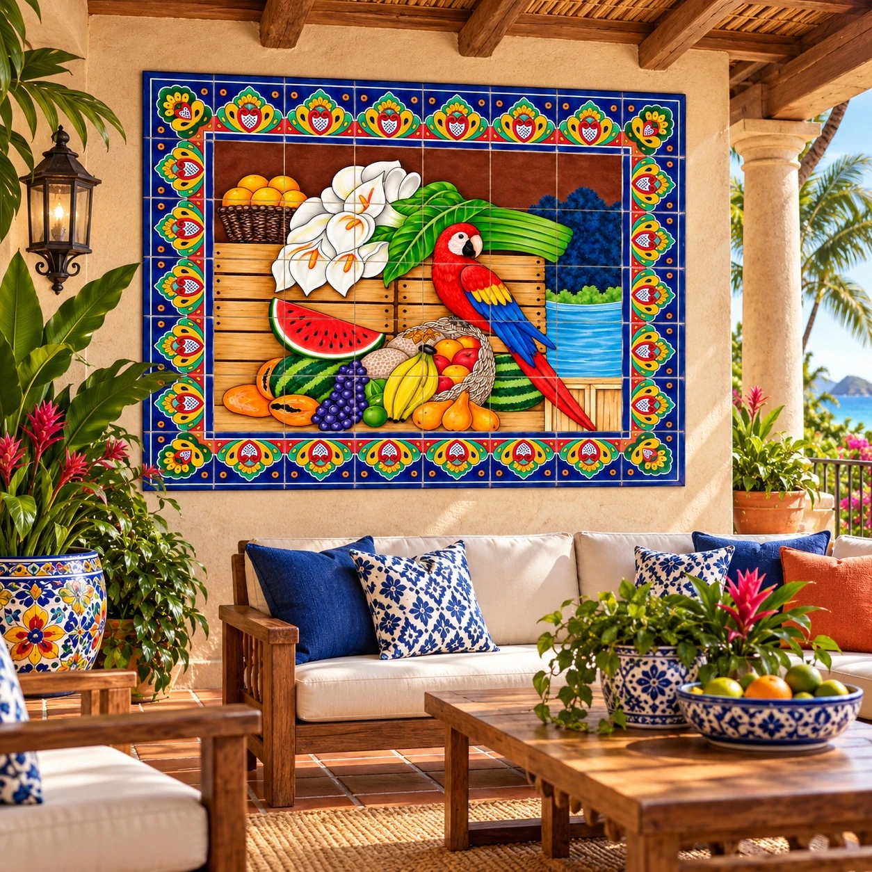 Mexican tile mural parrot fruits on a tropical patio with greenery and terracotta accents.