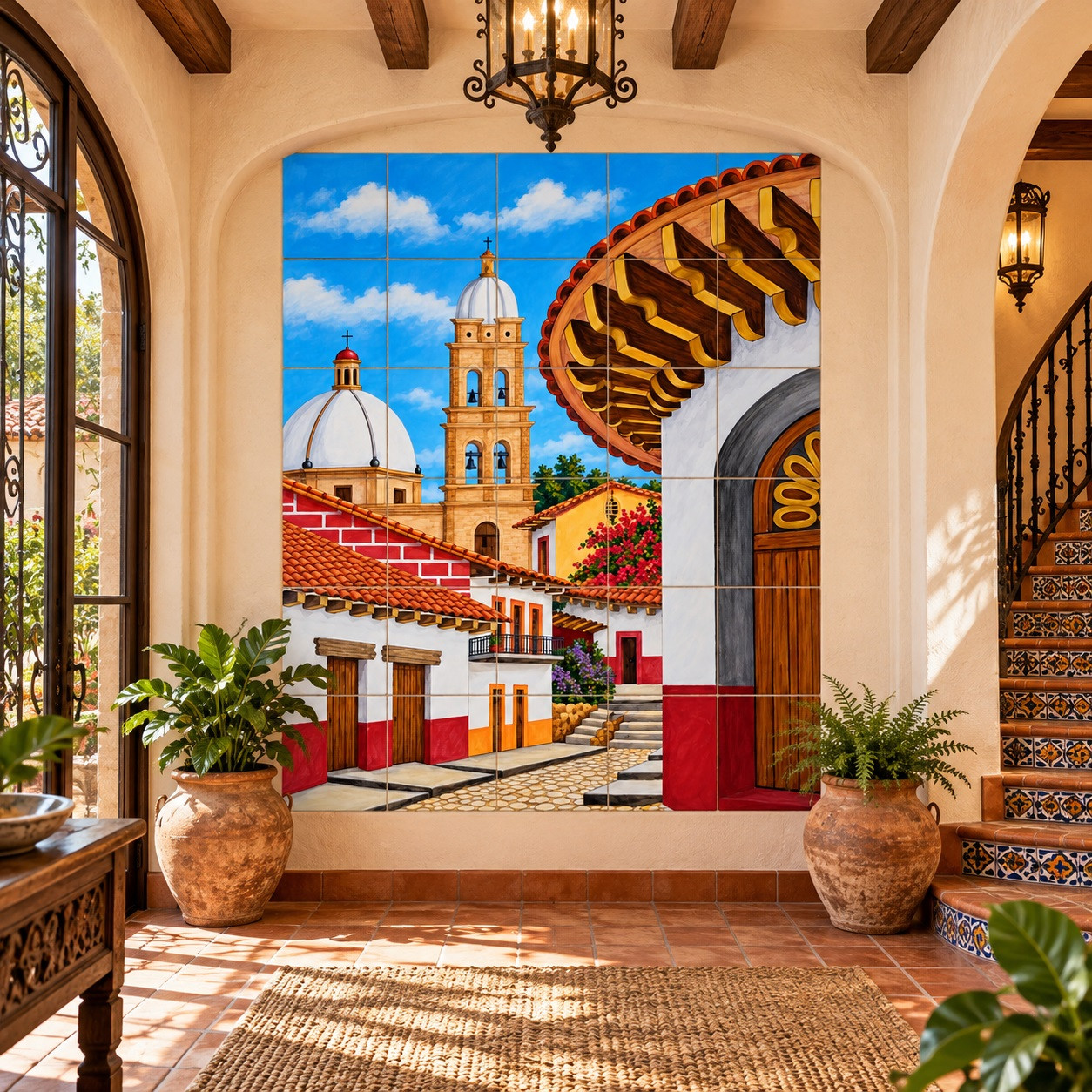 軒瓦 古瓦 モダン アンティーク ヴィンテージ レトロ wall art US Talavera Tile Mural with Colonial Church Village Scene