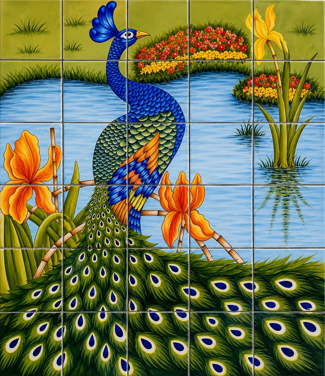 Talavera tile mural peacock garden