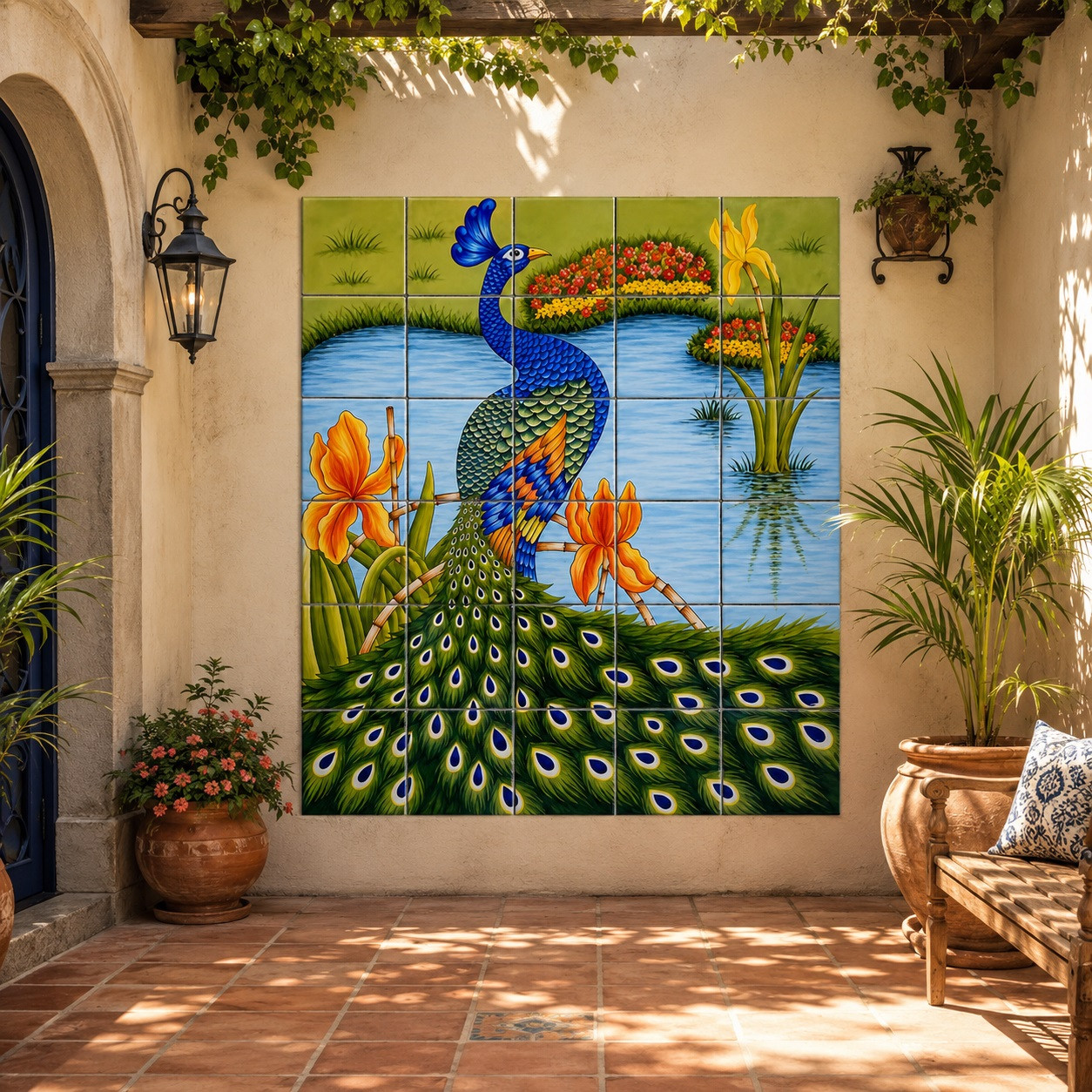 Talavera tile mural peacock garden in a courtyard with terracotta floors and traditional arches.