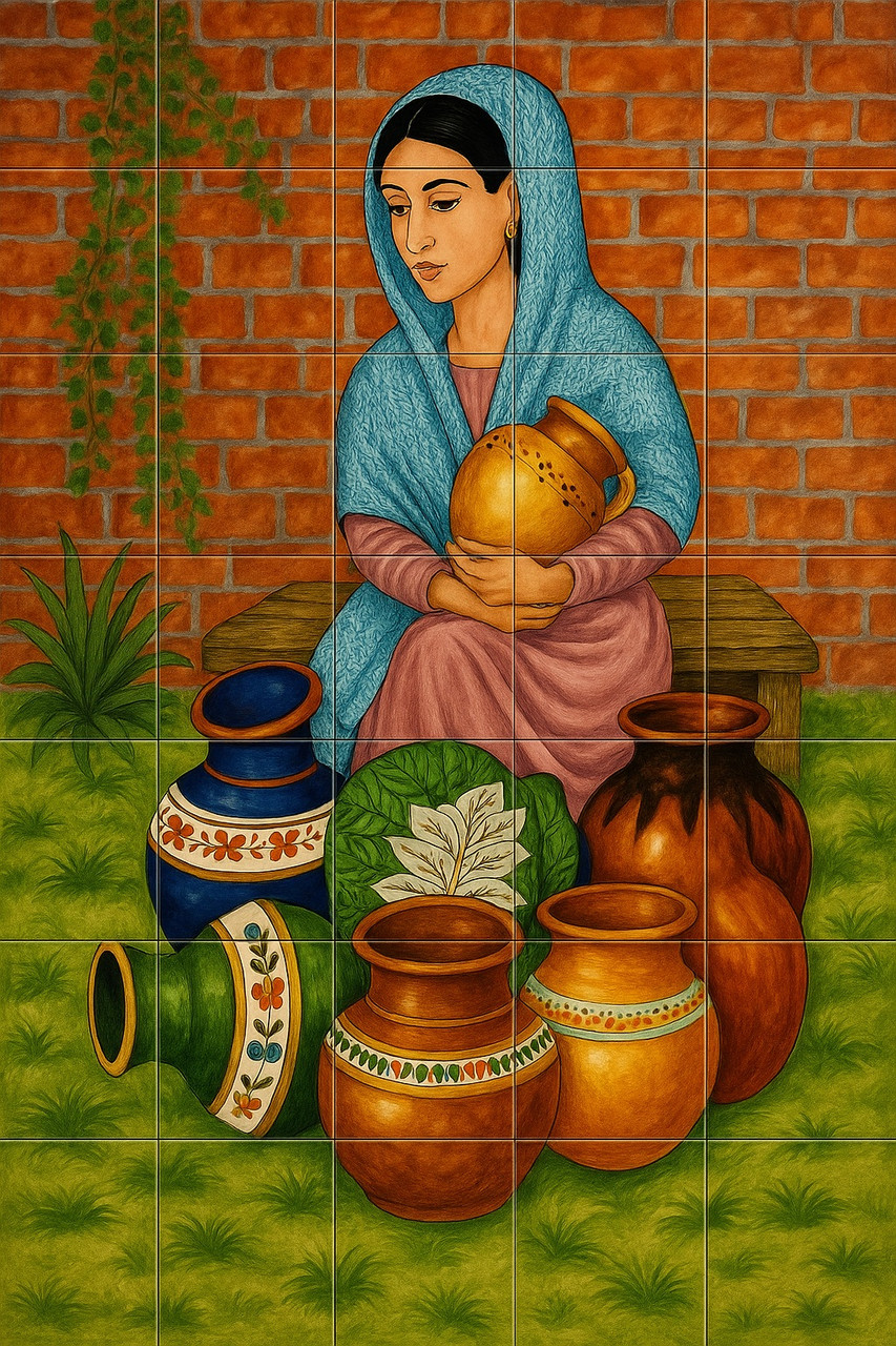 Mexican tile mural woman with pots
