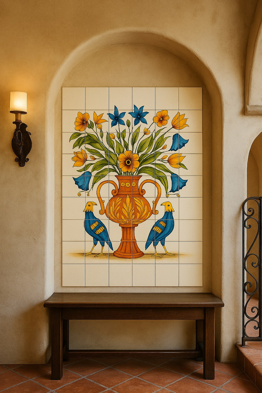 Vase and birds talavera tile mural enhancing a Spanish Revival space with arched walls and wrought-iron details