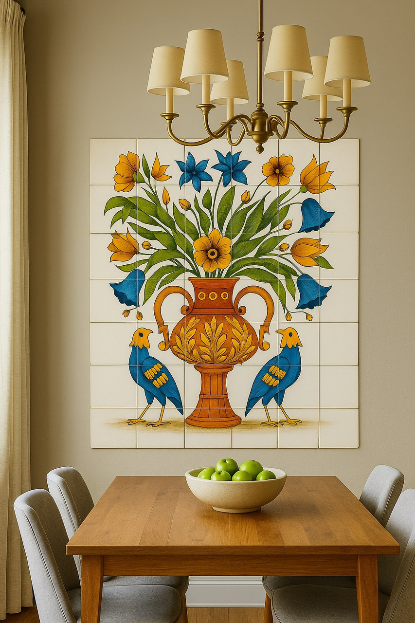 Vase and birds talavera tile mural showcased in a dining room with terracotta accents and natural sunlight