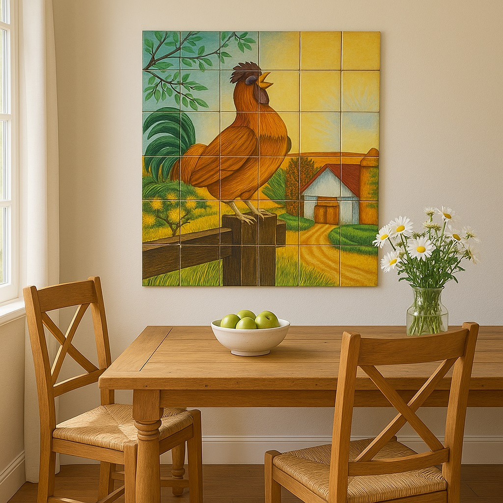 Rooster sunrise Mexican tile mural featured in a farmhouse dining area with wooden furniture and bright ambiance