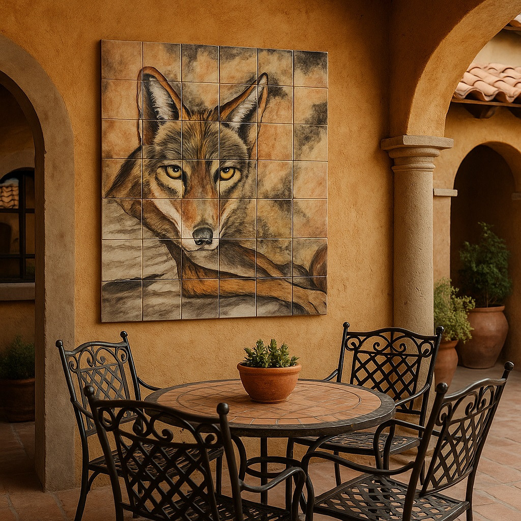Coyote Mexican Tile Mural – Hand-Painted Wildlife Art from Mexico