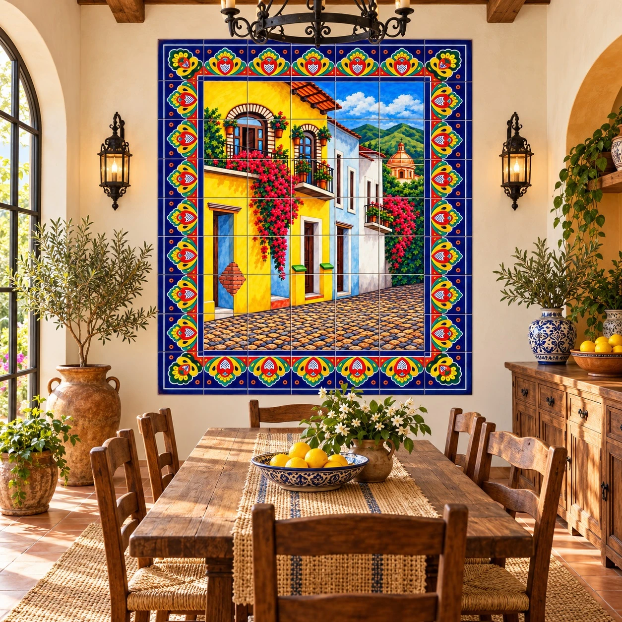 Talavera tile mural colonial street houses in a rustic dining room with handcrafted decor.