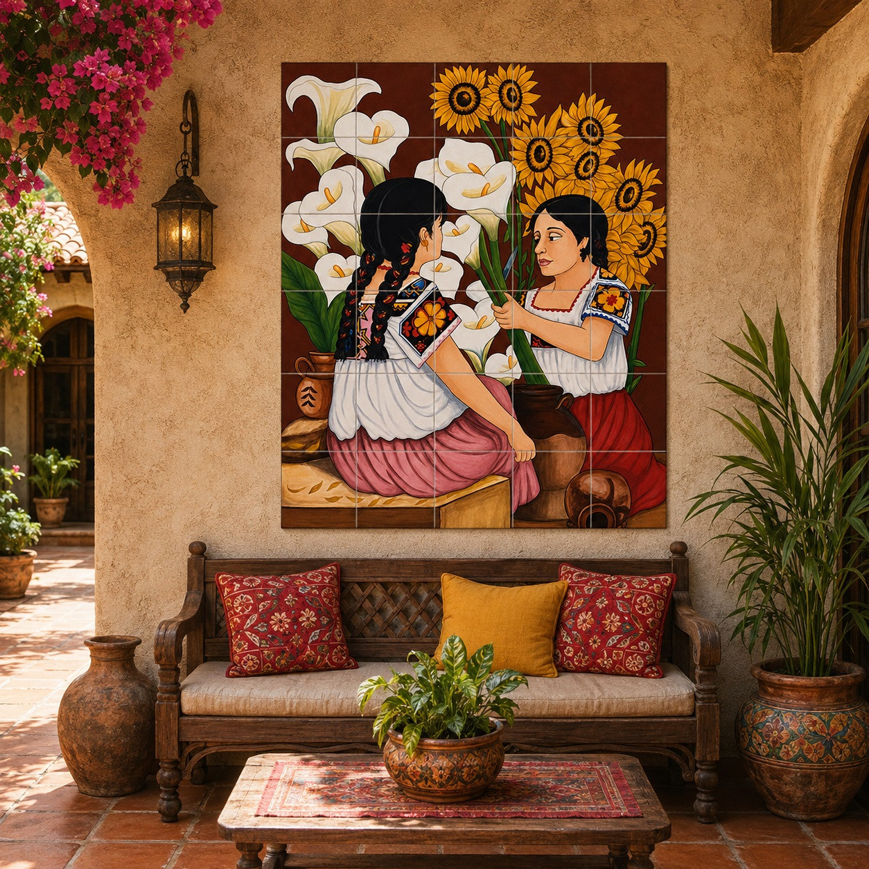 Talavera tile mural calla lilies sunflowers on a hacienda patio with terracotta floors and greenery.