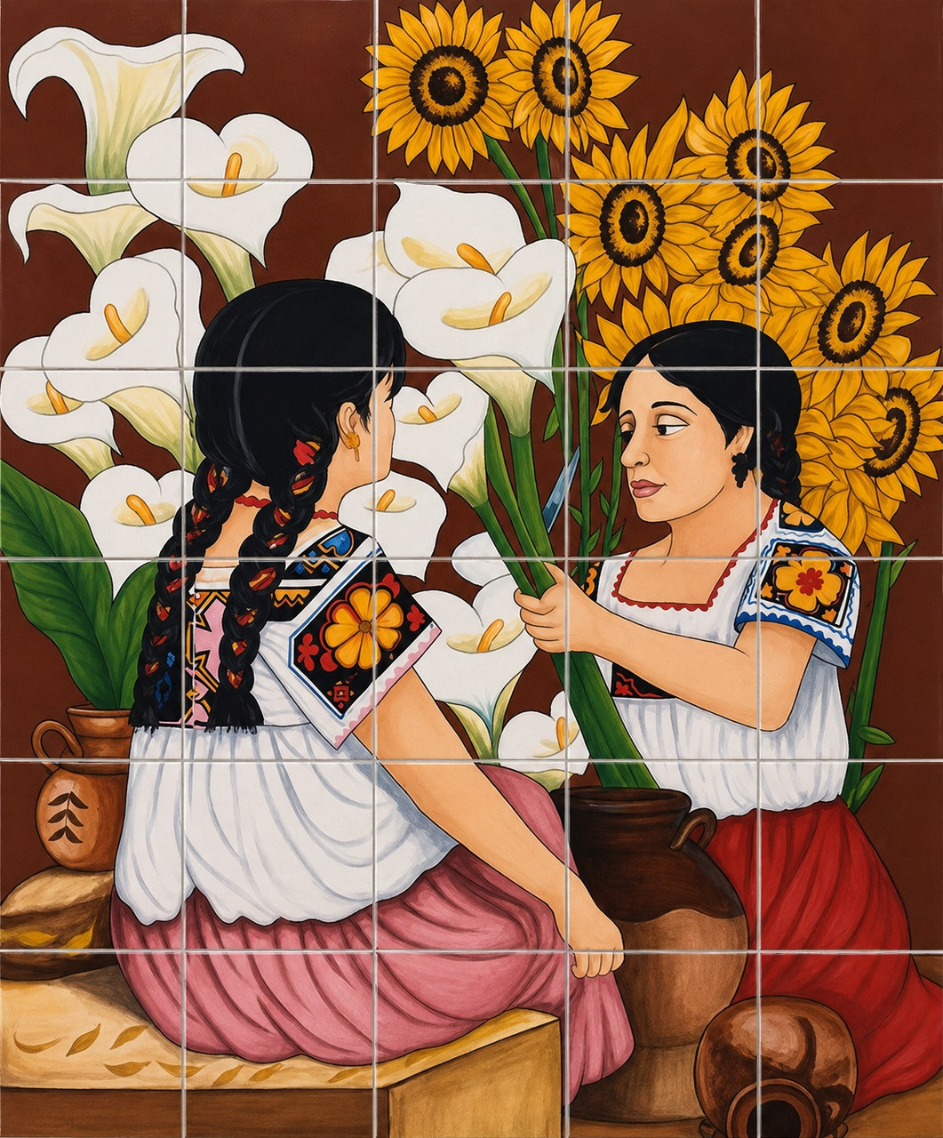 Talavera tile mural calla lilies sunflowers