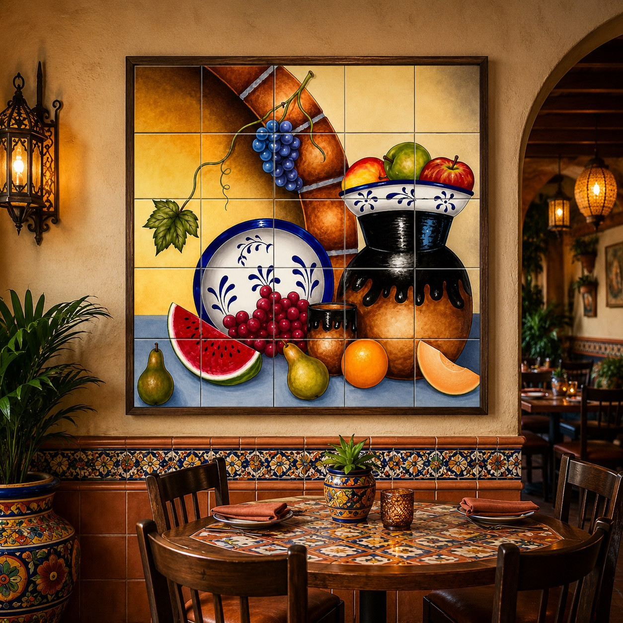 Talavera tile mural with fruit for rustic kitchen in a Mexican restaurant with rustic tables.