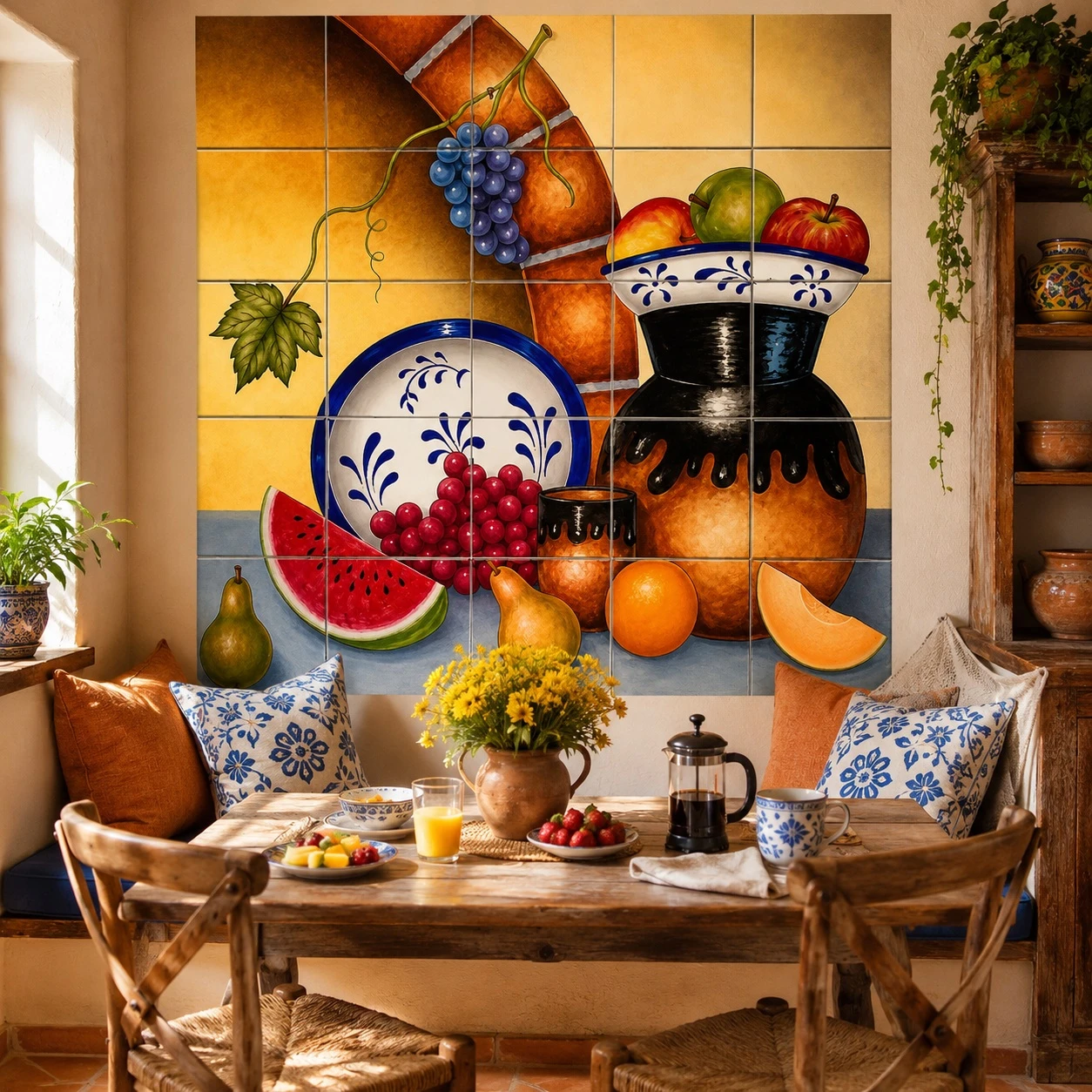 Talavera tile mural with fruit for rustic kitchen in a breakfast nook with warm wood accents.