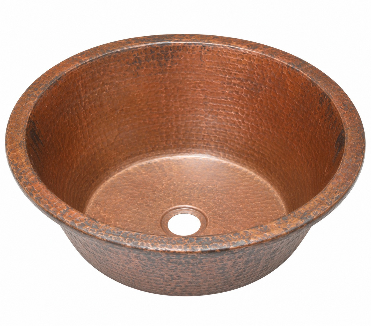 Round hammered copper cooler sink with tapered cone profile and angled interior view on light background