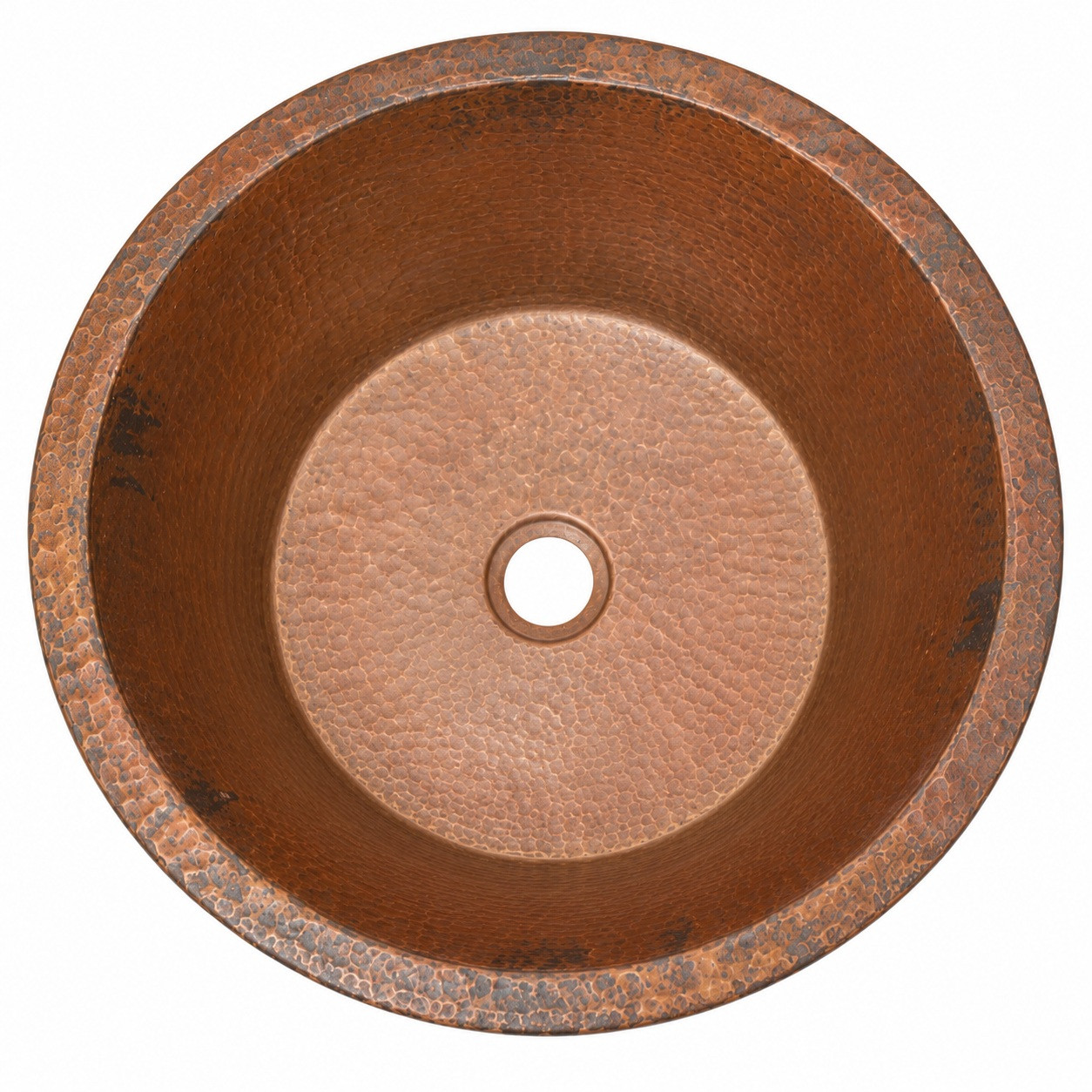Round hammered copper cooler sink with deep basin and top view showing handcrafted copper texture