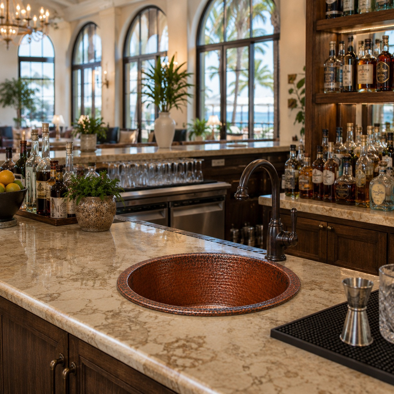 Round hammered copper cooler sink in large urban style cafe bar with industrial lighting and exposed brick walls