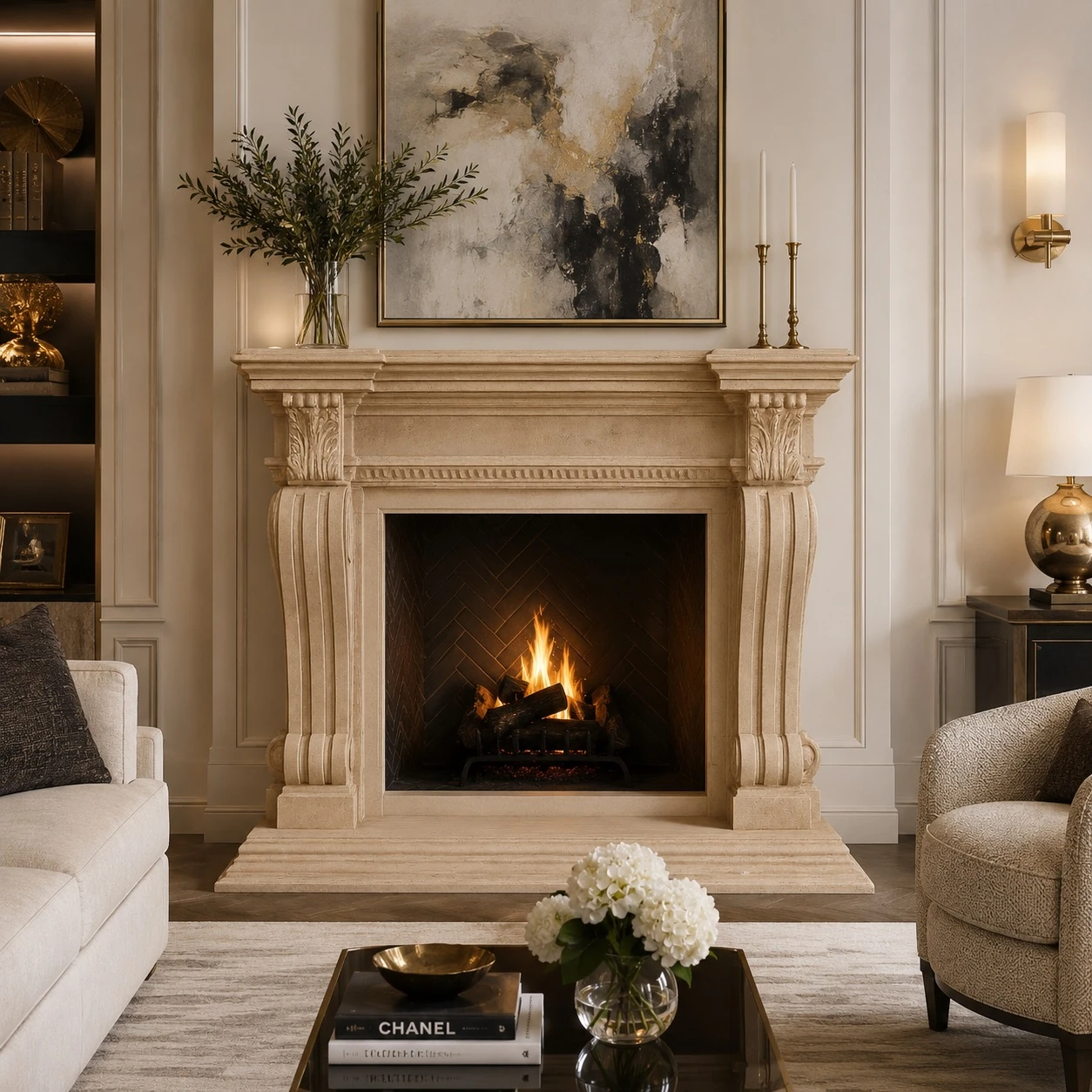 Spanish colonial revival stone fireplace mantel in a luxury living room with warm decor