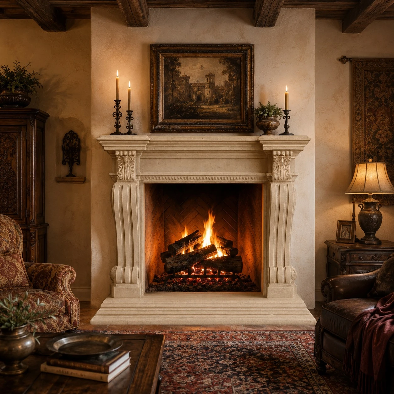 Spanish colonial revival stone fireplace mantel in an old world room with antique accents