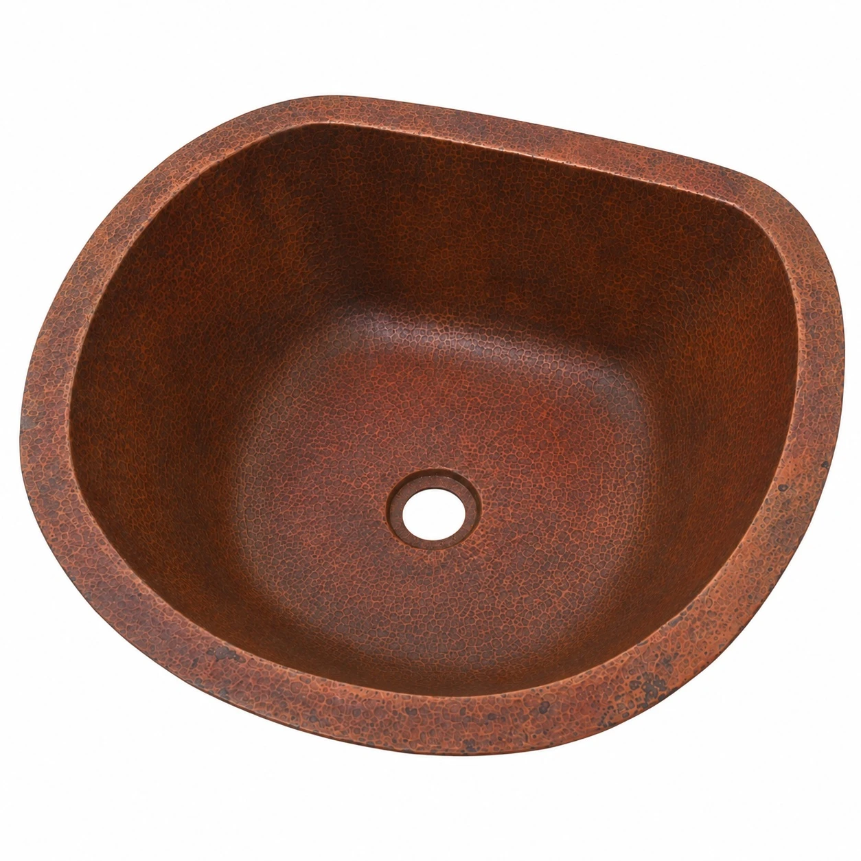 Hammered copper bar sink with rounded square basin design angled view