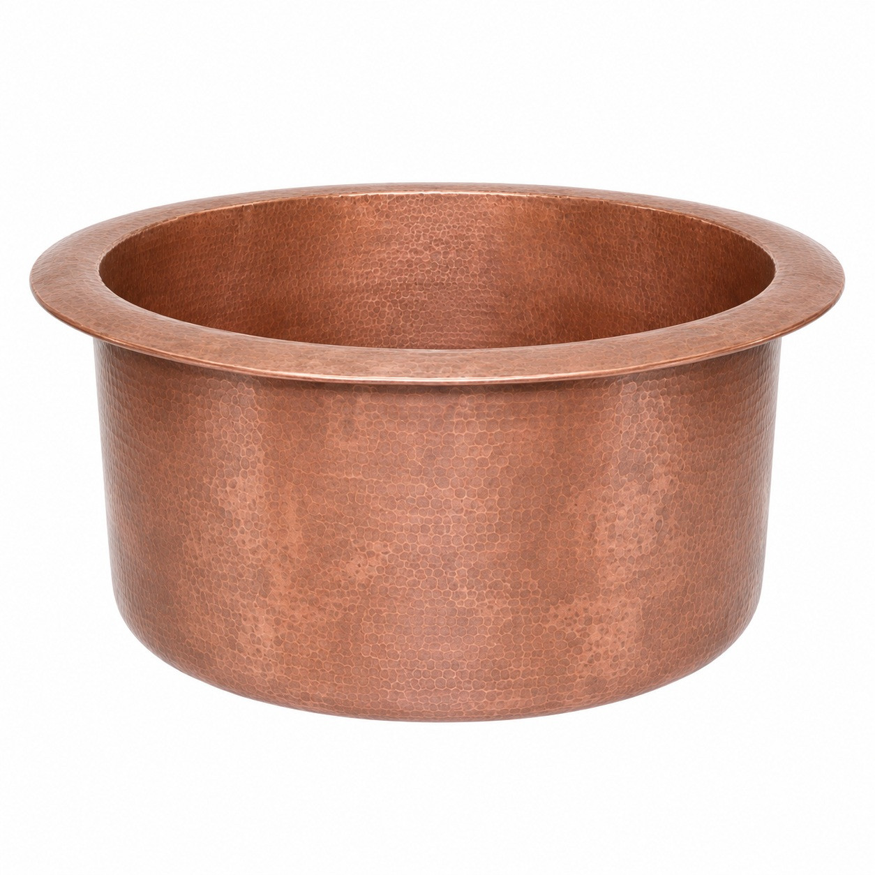 Hammered round copper bar sink for rustic kitchens side view
