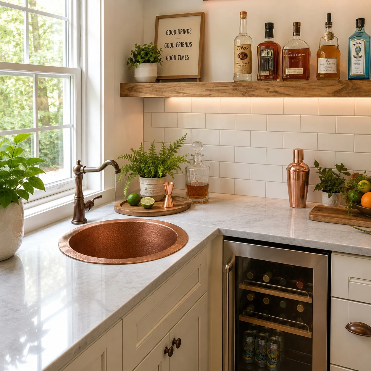 Round hammered copper bar sink installed in a bright home bar with window and marble countertop