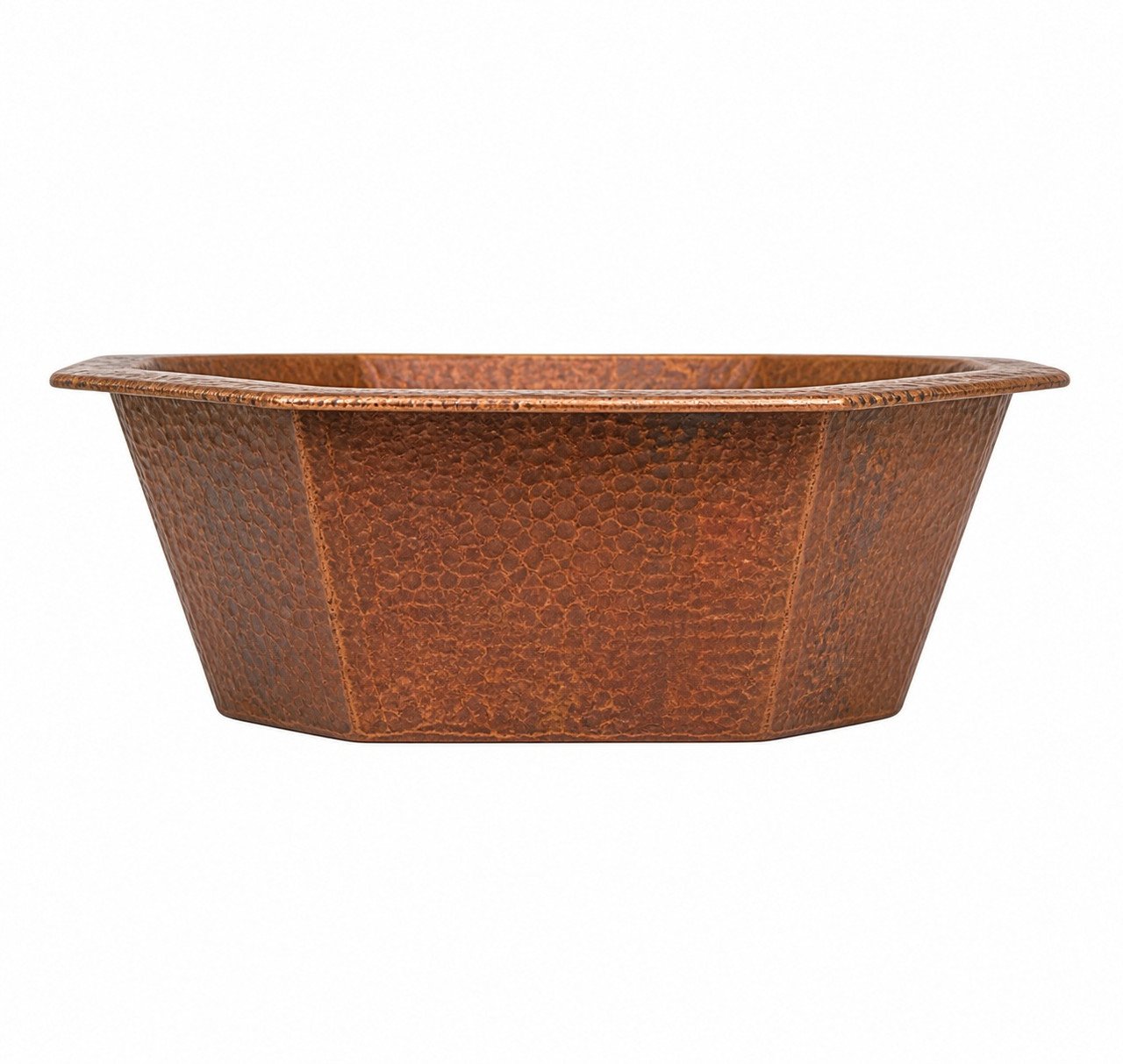 Side view of a hammered copper bar sink six-sided design