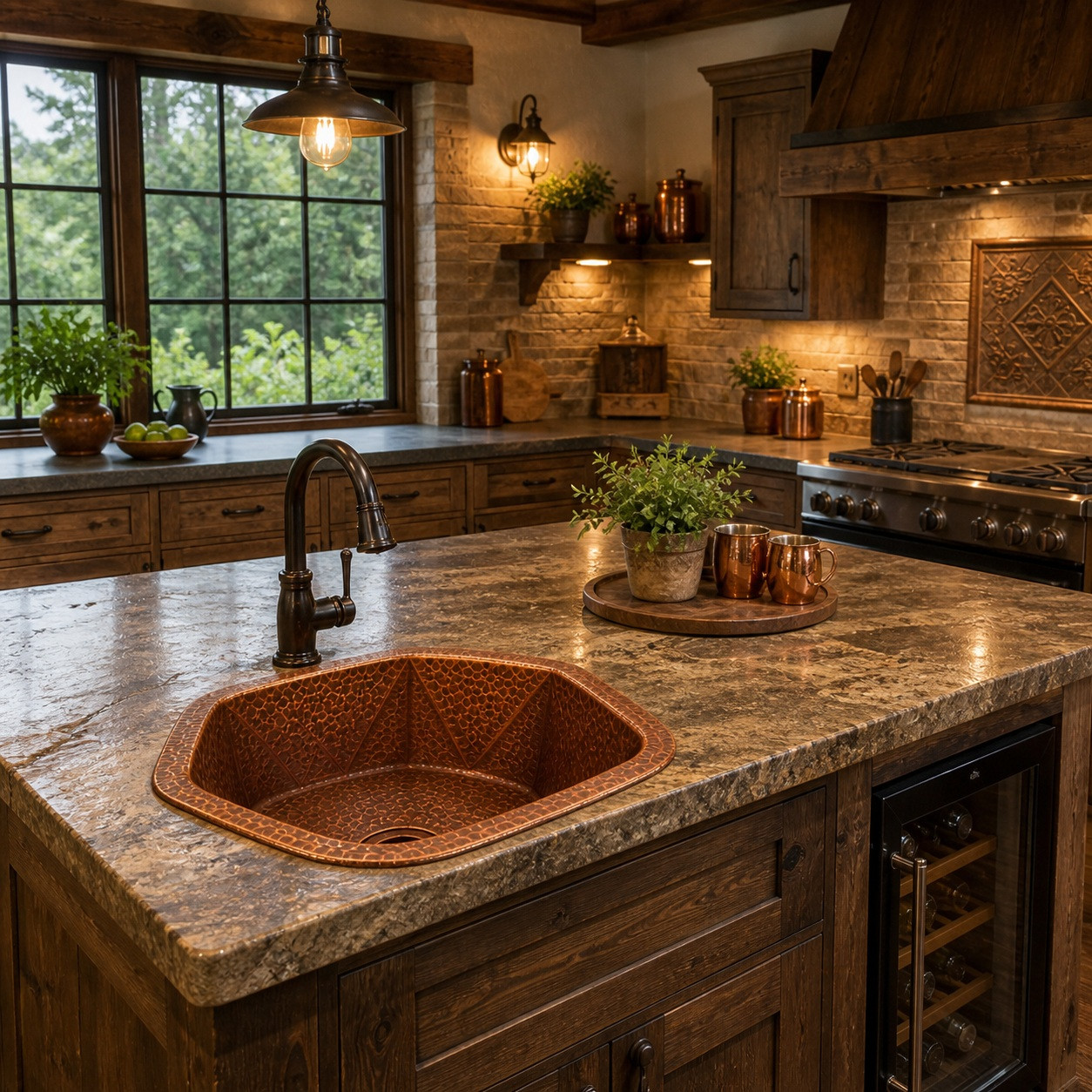 Hammered Copper Bar Sink Six-Sided Design set in a kitchen island with window view and natural light