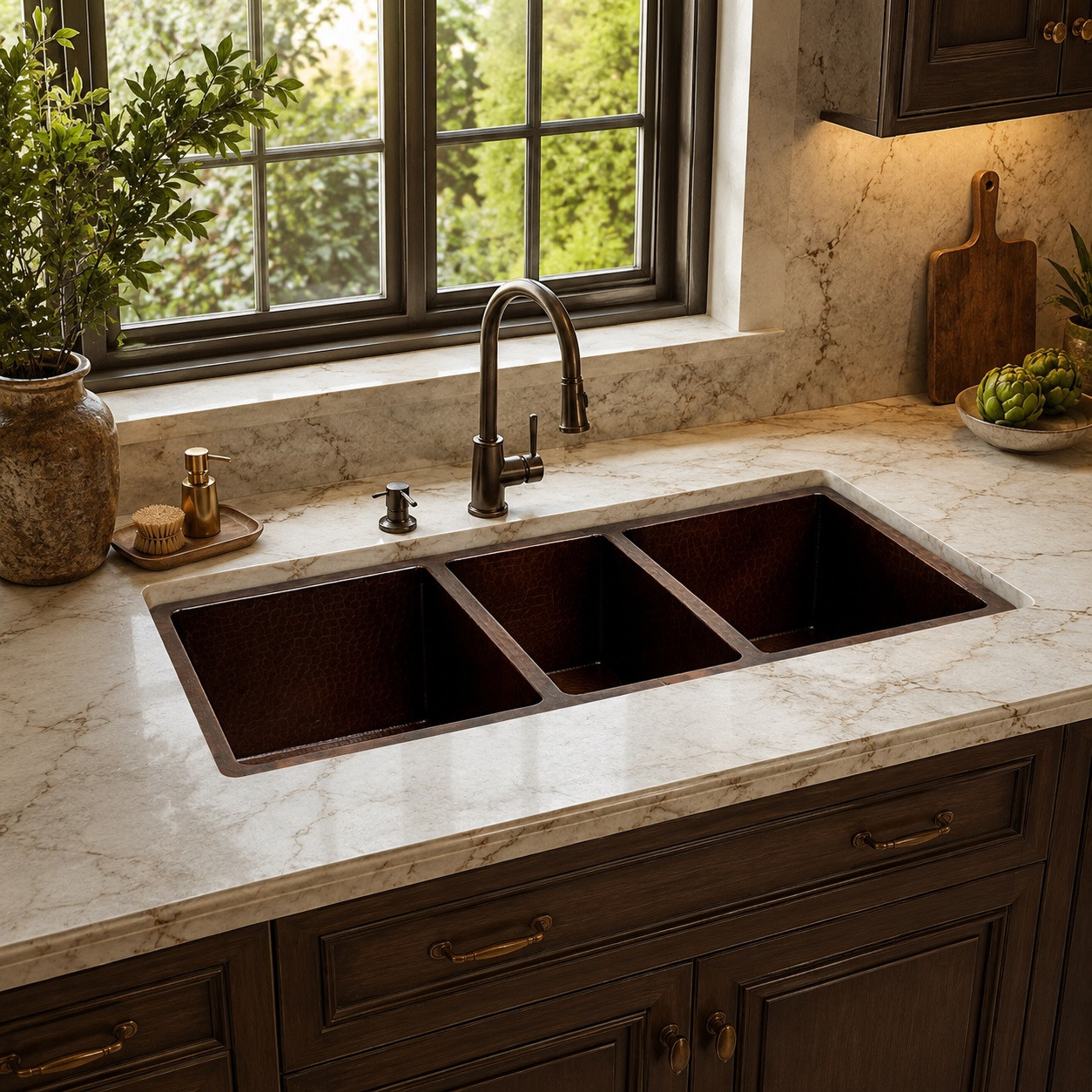 Large undermount triple-bowl copper kitchen sink in a luxury kitchen with custom cabinetry
