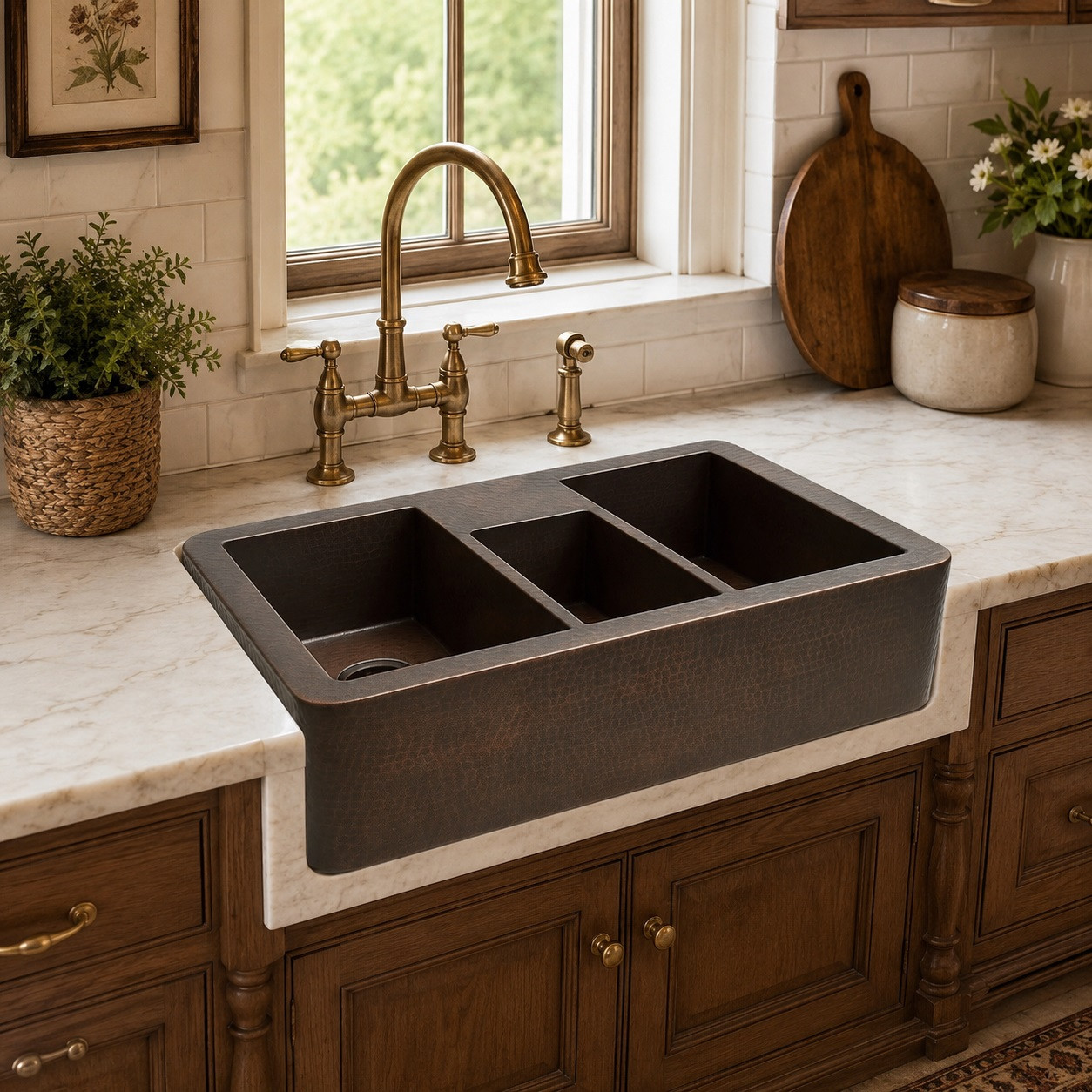Hand-hammered triple-bowl copper kitchen sink in traditional kitchen with classic wood cabinetry