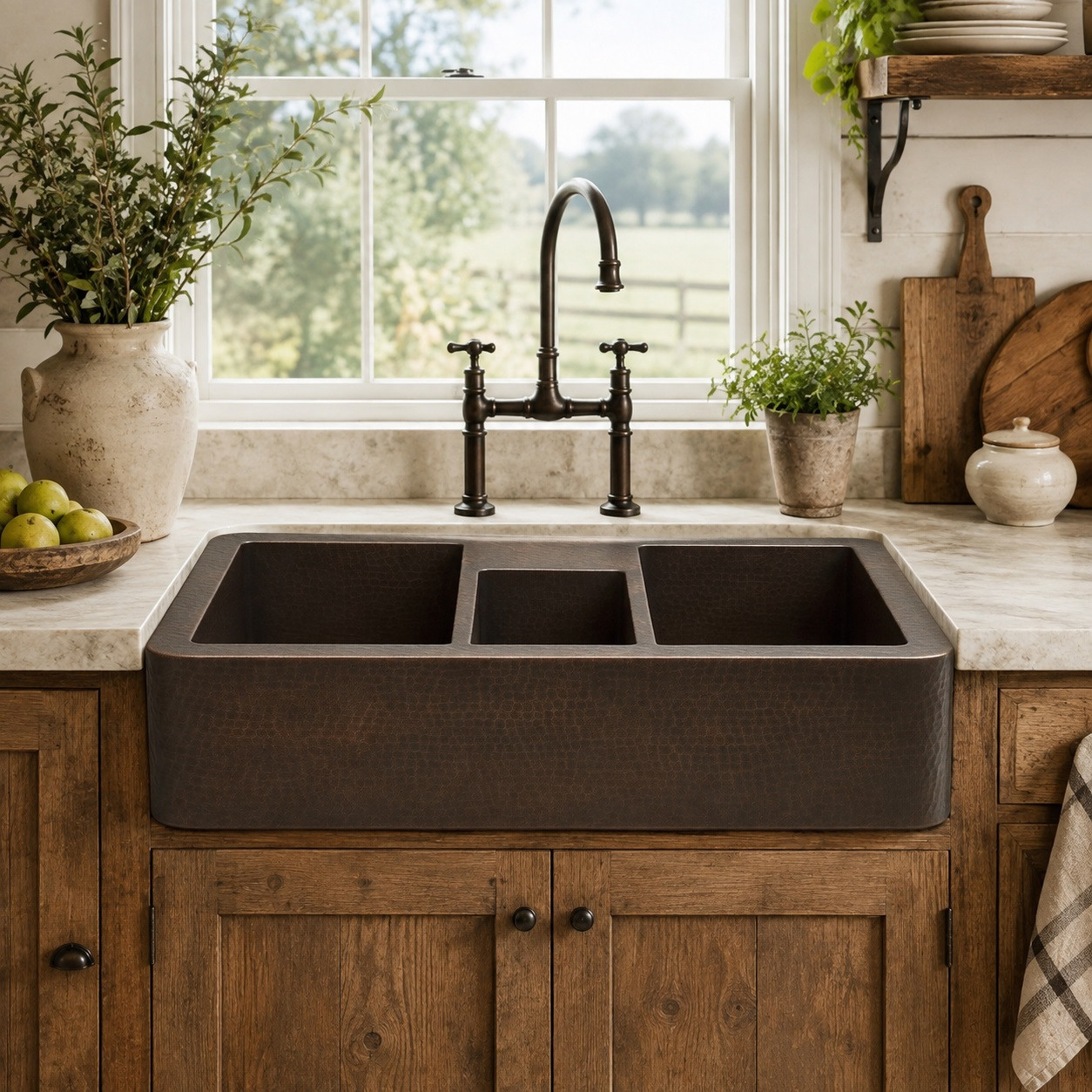 Hand-hammered triple-bowl copper kitchen sink in farmhouse kitchen with stone and wood accents