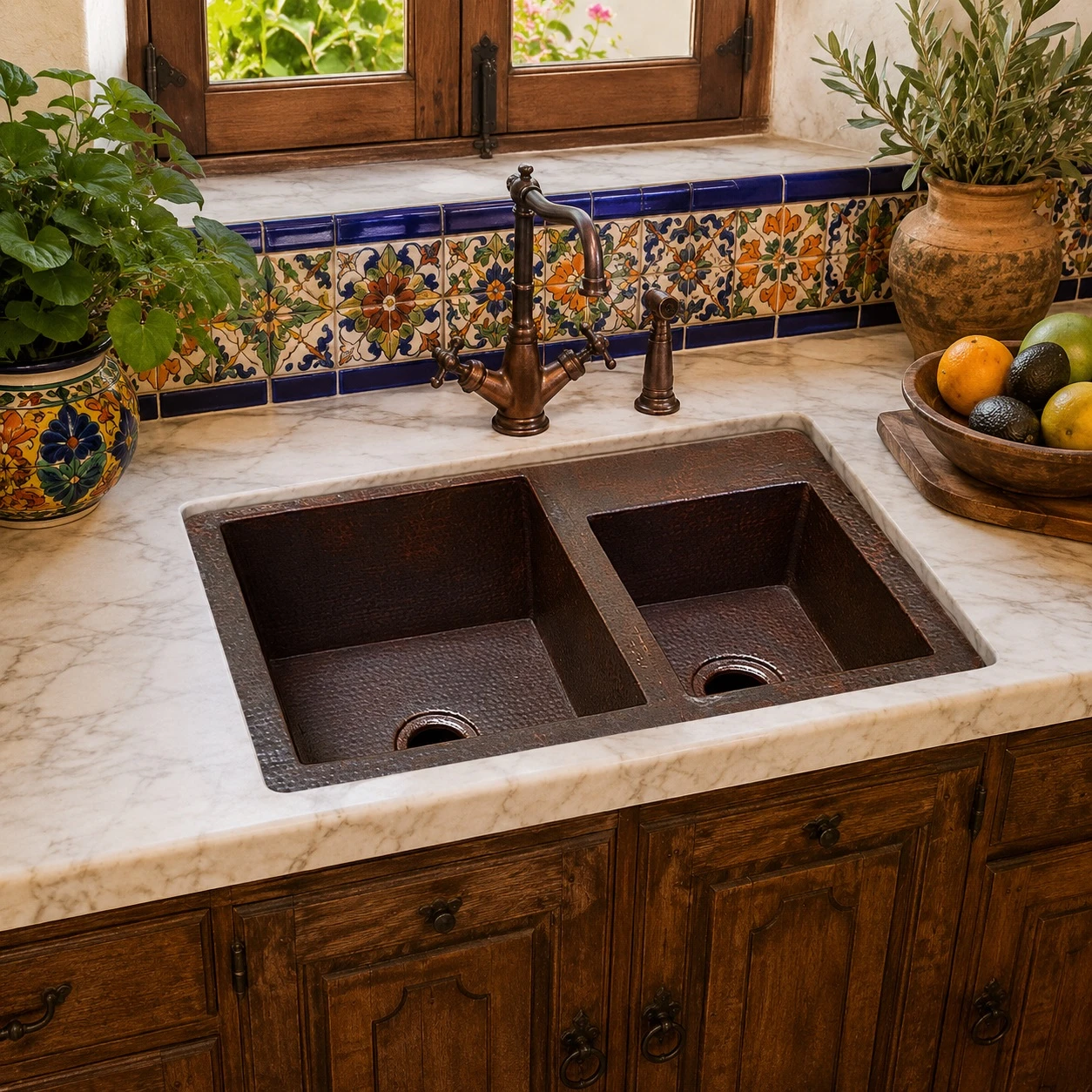 Double copper kitchen sink with large and small bowls in a hacienda tile kitchen