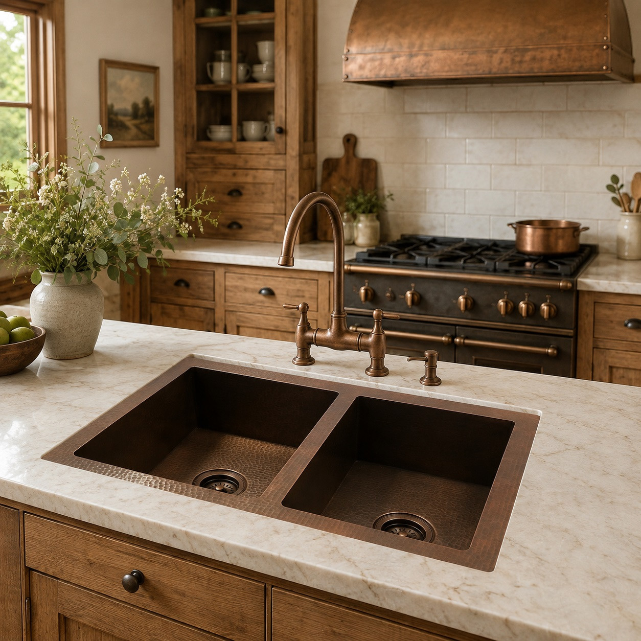 Rustic hand-hammered 50/50 copper kitchen sink in a country kitchen with natural wood accents