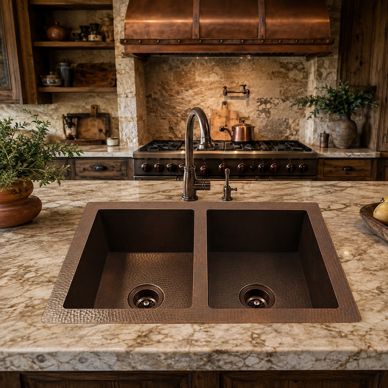 Rustic hand-hammered 50/50 copper kitchen sink in a rustic kitchen with wood cabinetry