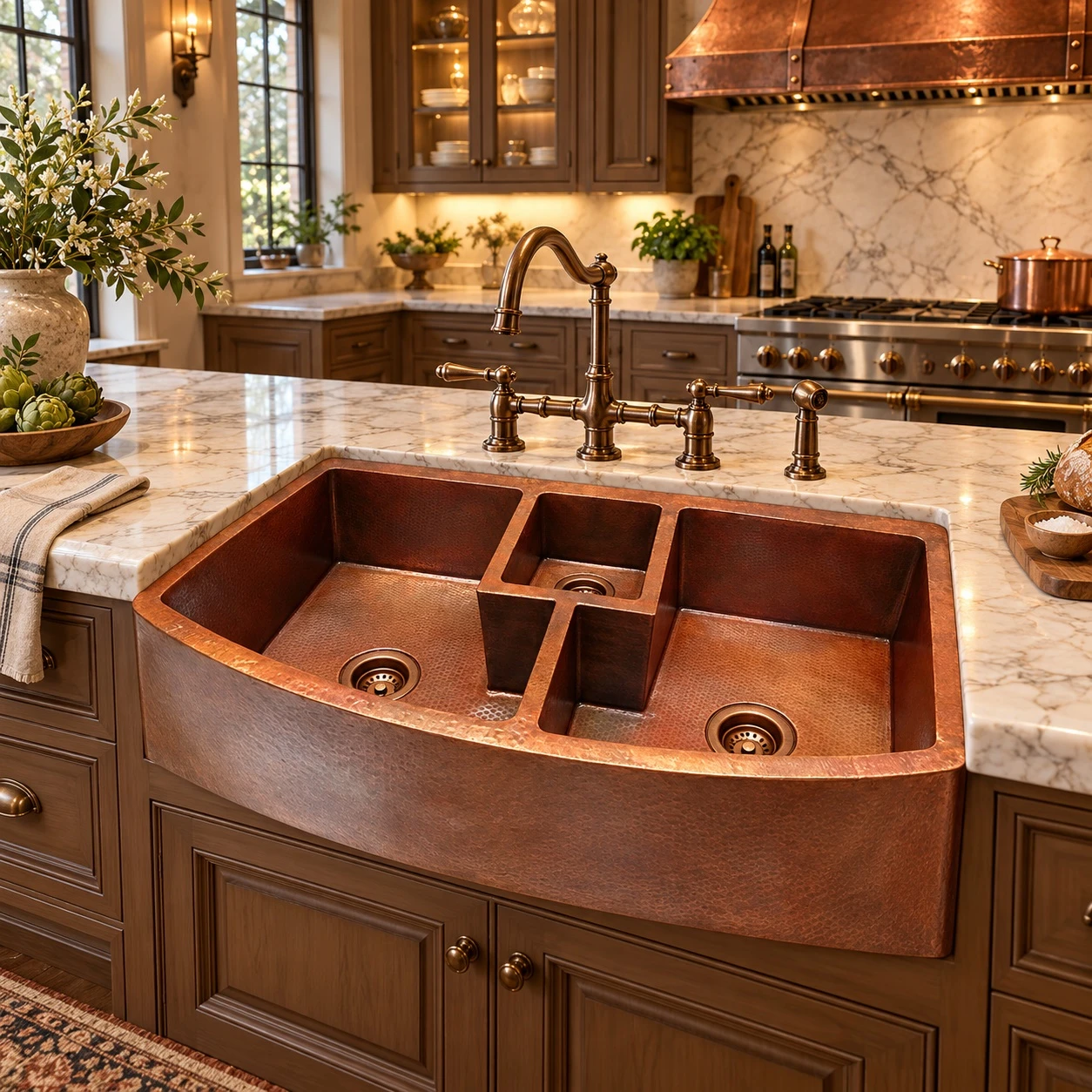 Hand-hammered triple basin copper kitchen sink with functional artisan design in a gourmet kitchen