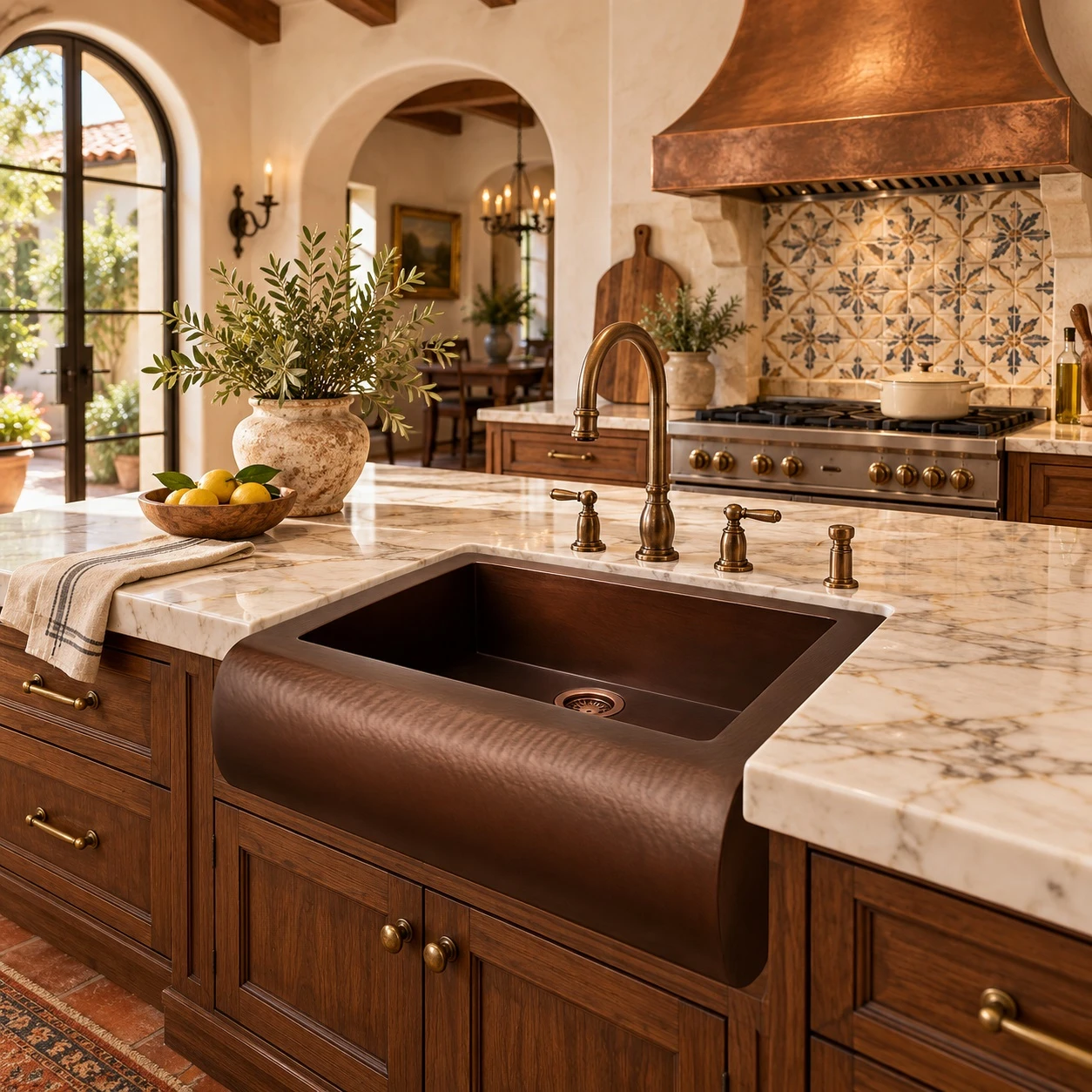 Copper farmhouse sink with rounded apron in a Spanish Revival kitchen with warm tile and dark wood