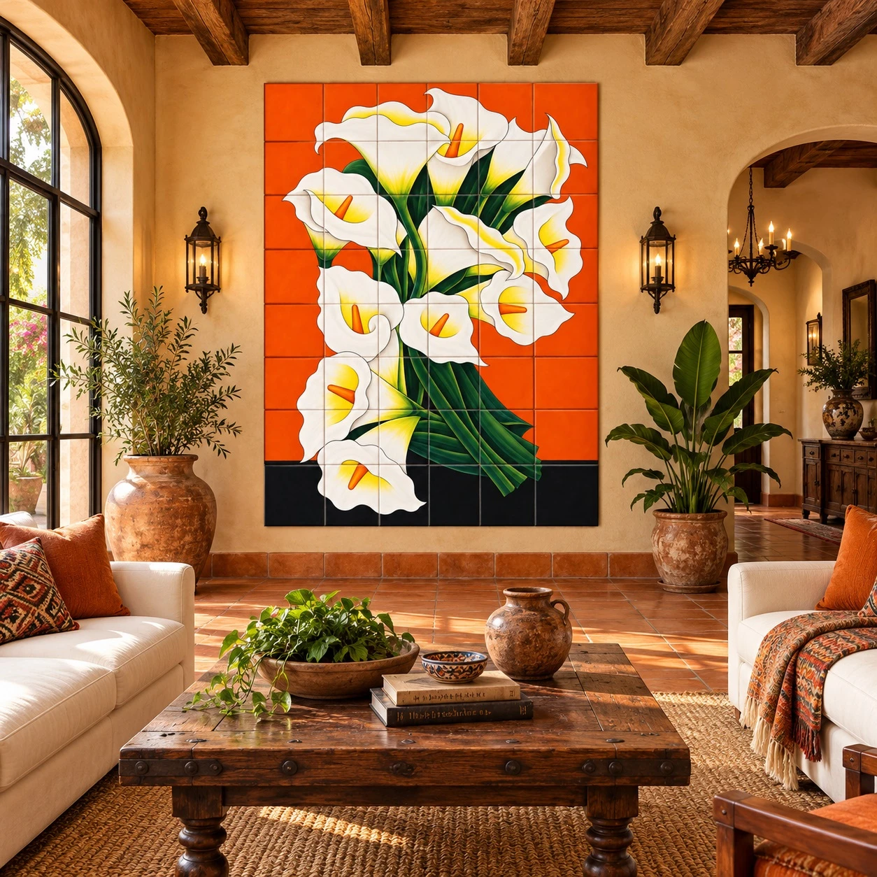 Mexican tile mural calla lilies bouquet in a hacienda living room with artisan accents.