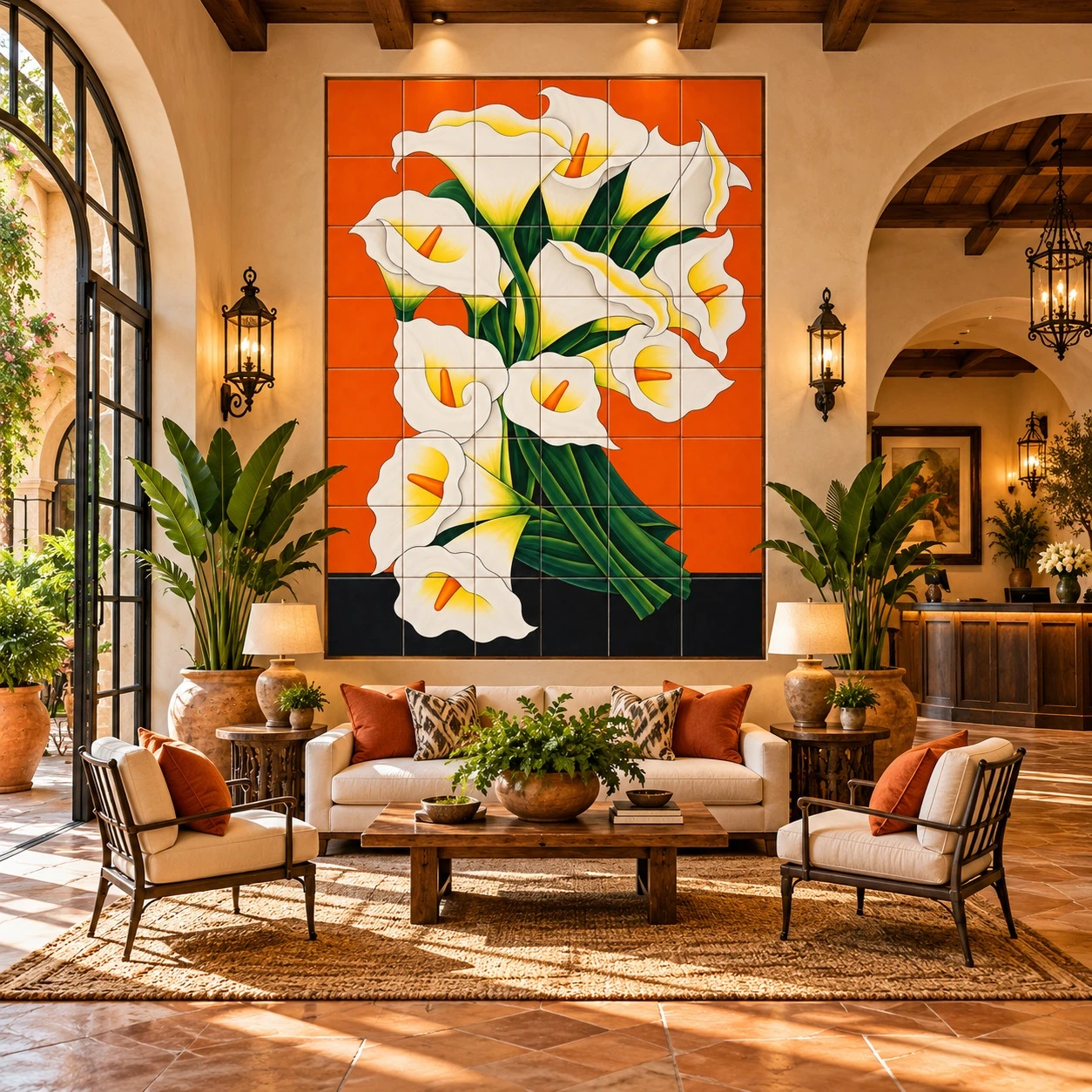 Mexican tile mural calla lilies bouquet in a boutique hotel lobby with elegant decor.