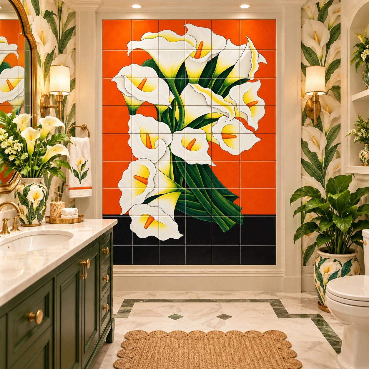 Mexican tile mural calla lilies bouquet in a floral powder room with vibrant Mexican decor.