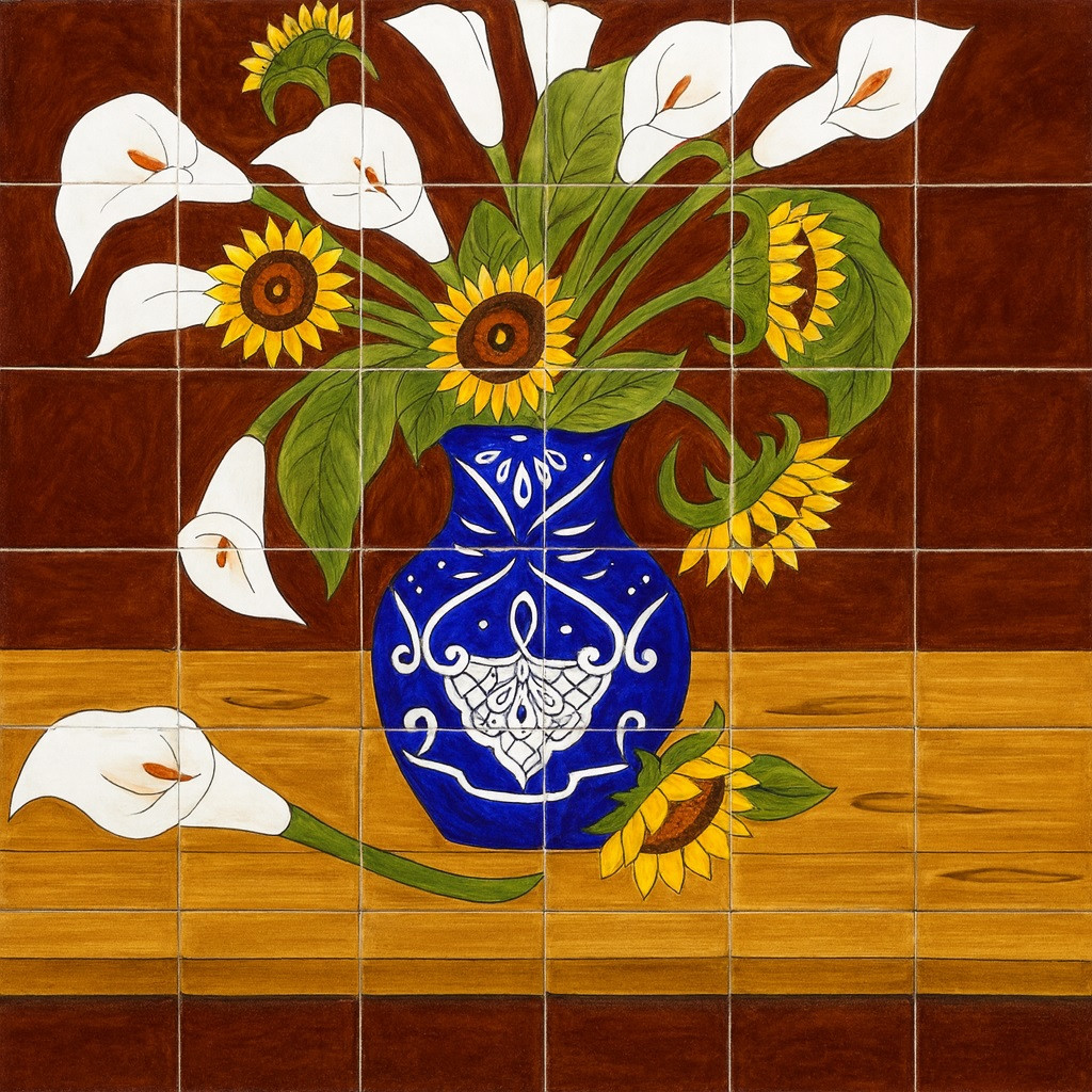 Mexican Tile Mural with Sunflowers and Calla Lilies in Blue Vase