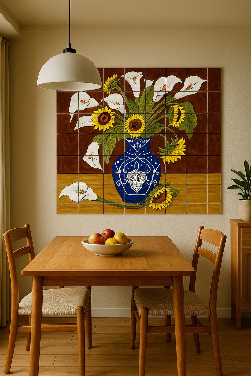 大型　135cm✕55cm　アートパネルBelle toile florale Mexican Tile Mural with Sunflowers and Calla Lilies in Blue Vase