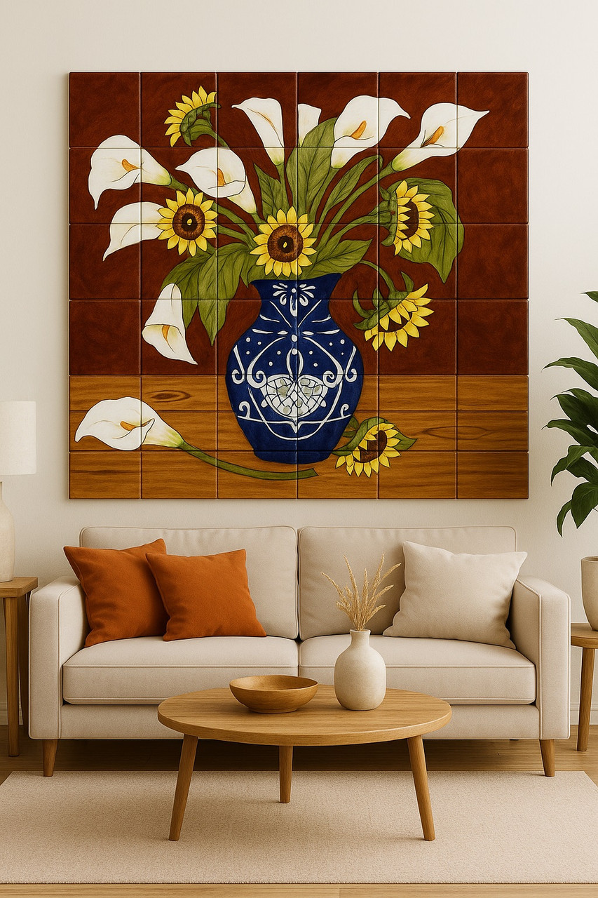 Mexican tile mural sunflowers calla lilies featured in a spacious living room interior filled with natural light