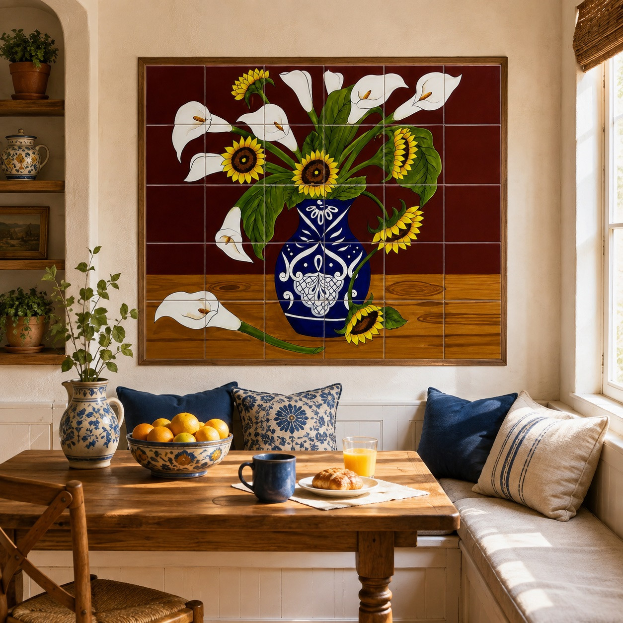 Mexican tile mural with sunflowers and calla lilies in blue vase in a bright breakfast nook.