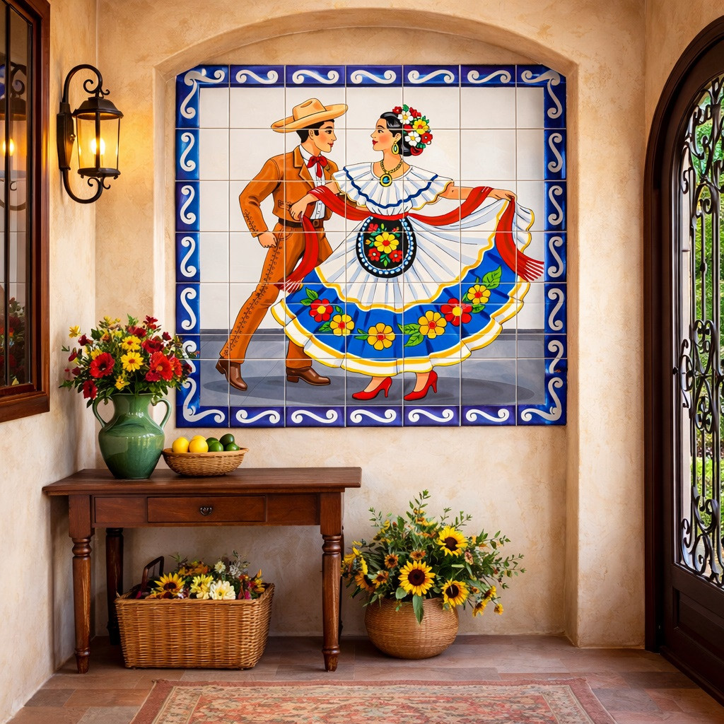 Mexican folklorico dancing couple talavera tile mural art placed in house entryway adding warmth and artisan focal point