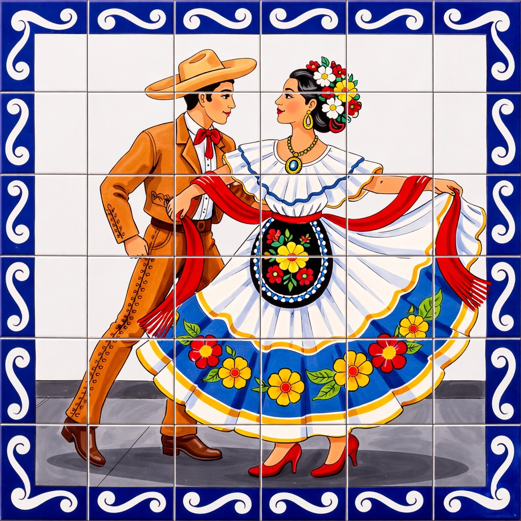 Mexican folklorico dancing couple talavera tile mural art