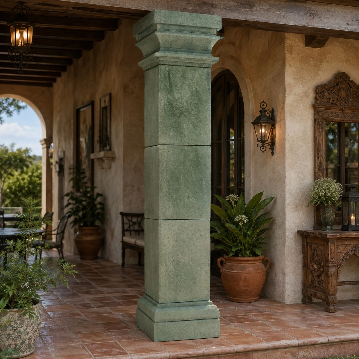 Square cantera stone column with stepped base on an old world terrace with arches and stone details