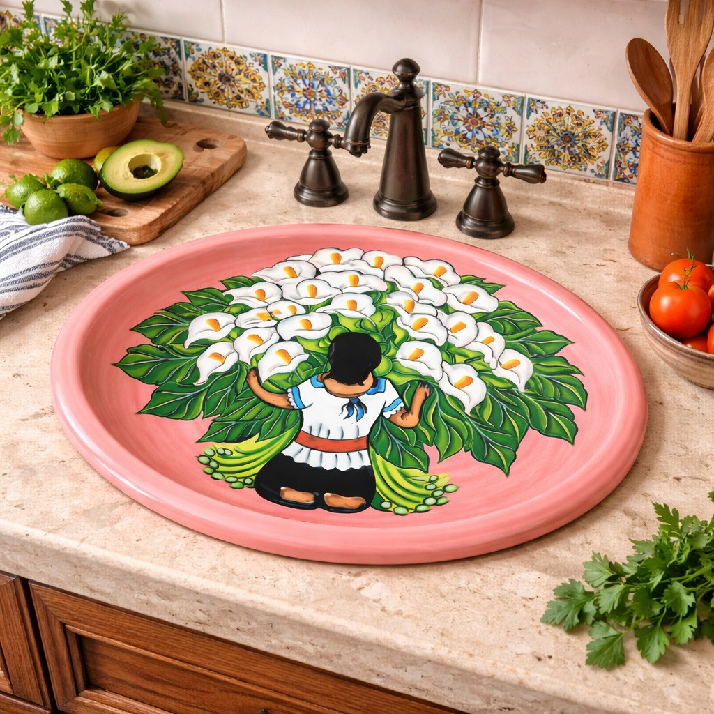 Talavera bathroom sink figurative calla displayed in a kitchen space highlighting handcrafted ceramic color and artistry